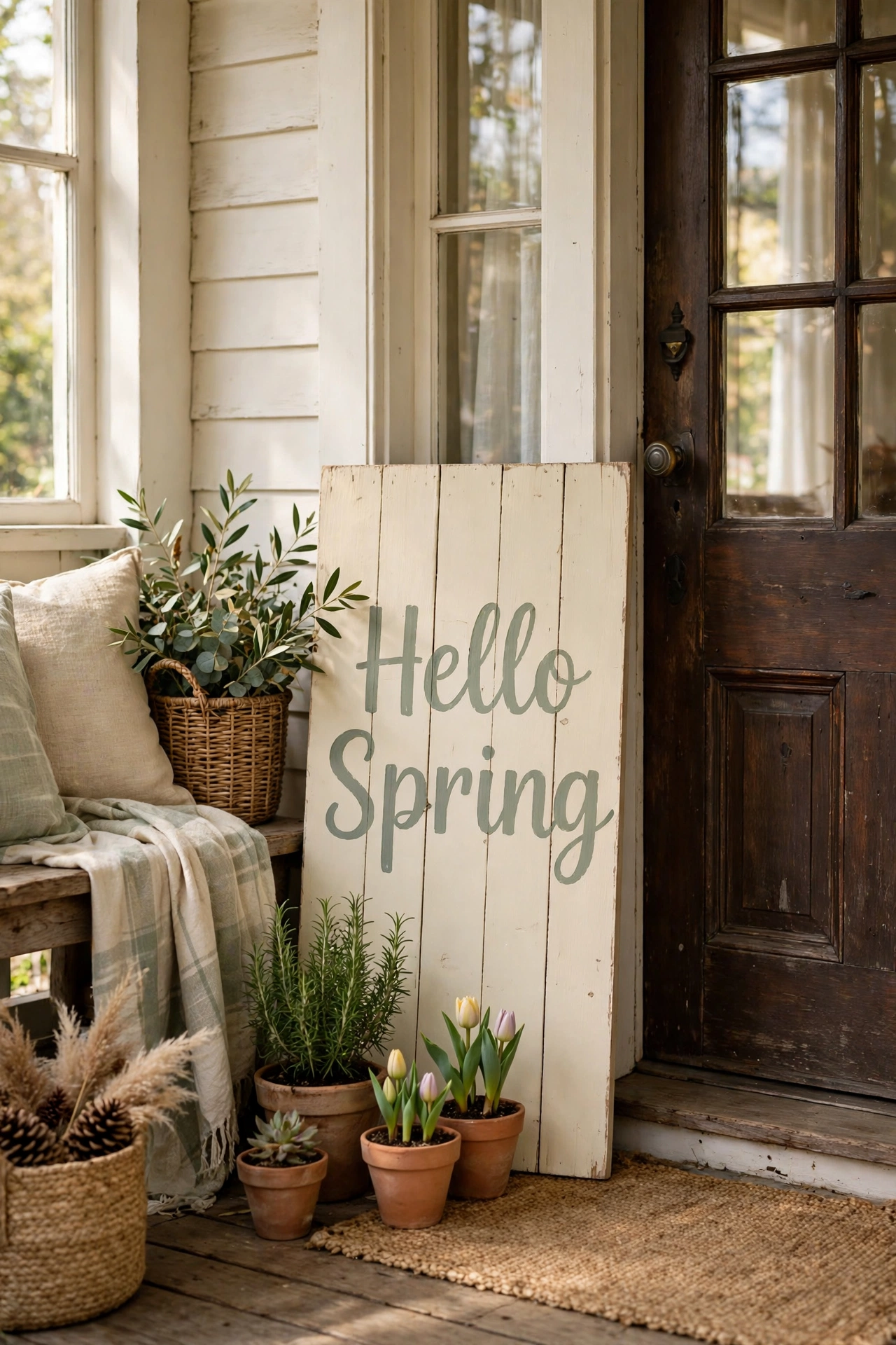 Wooden Hello Spring sign leaning by a front door