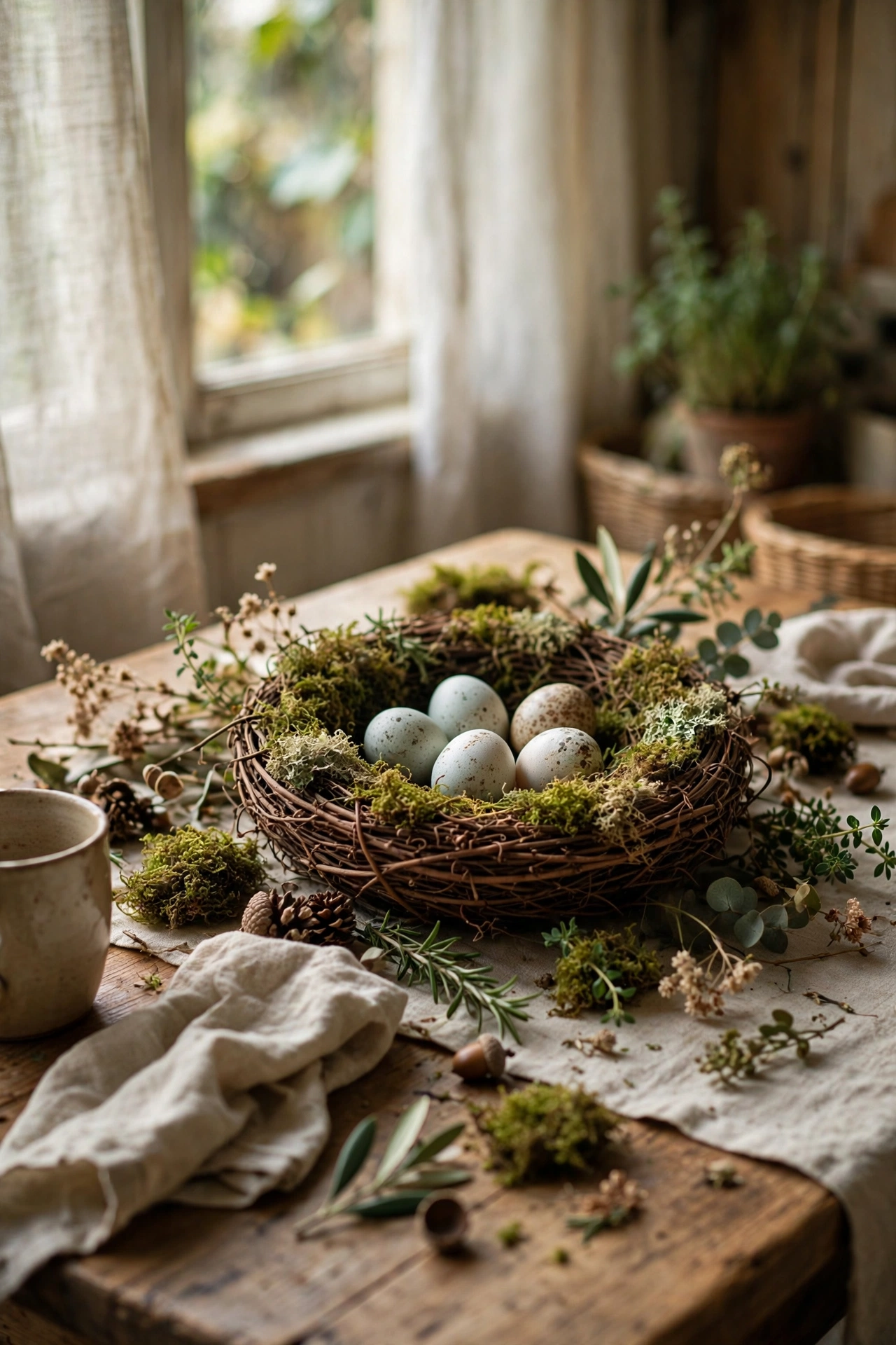 Grapevine nest lined with moss and filled with natural eggs