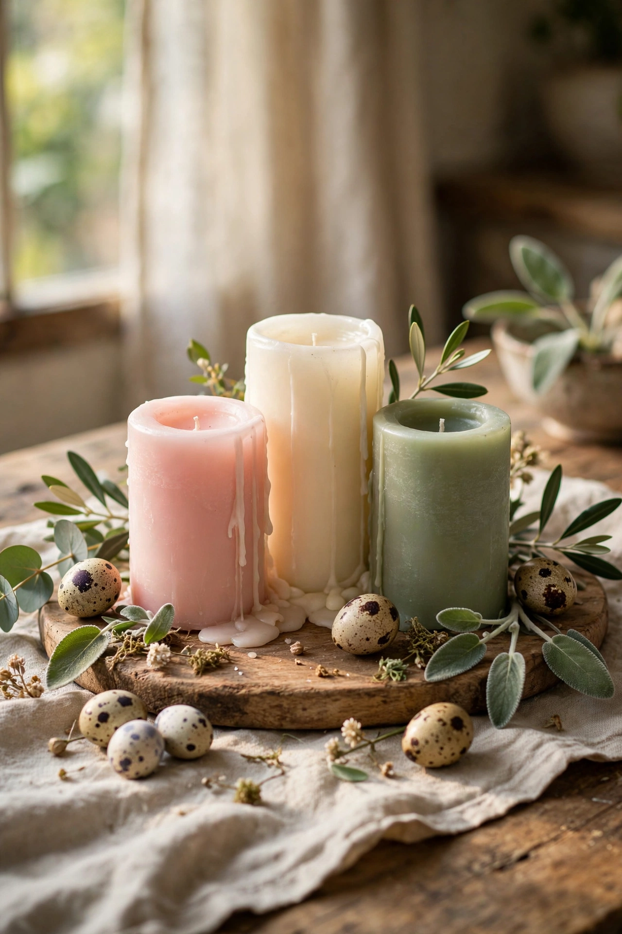 Grouping of pastel pillar candles on a wooden board