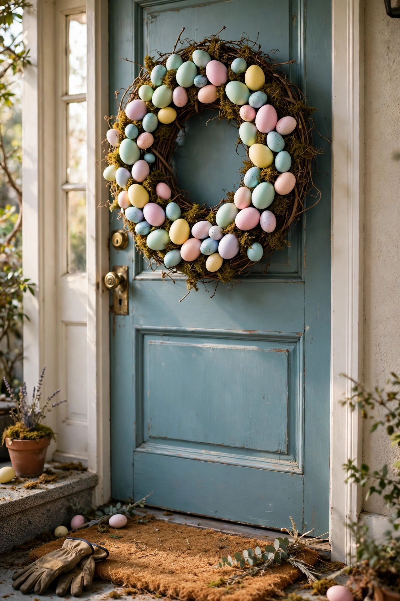 Grapevine wreath covered in pastel foam eggs on a door
