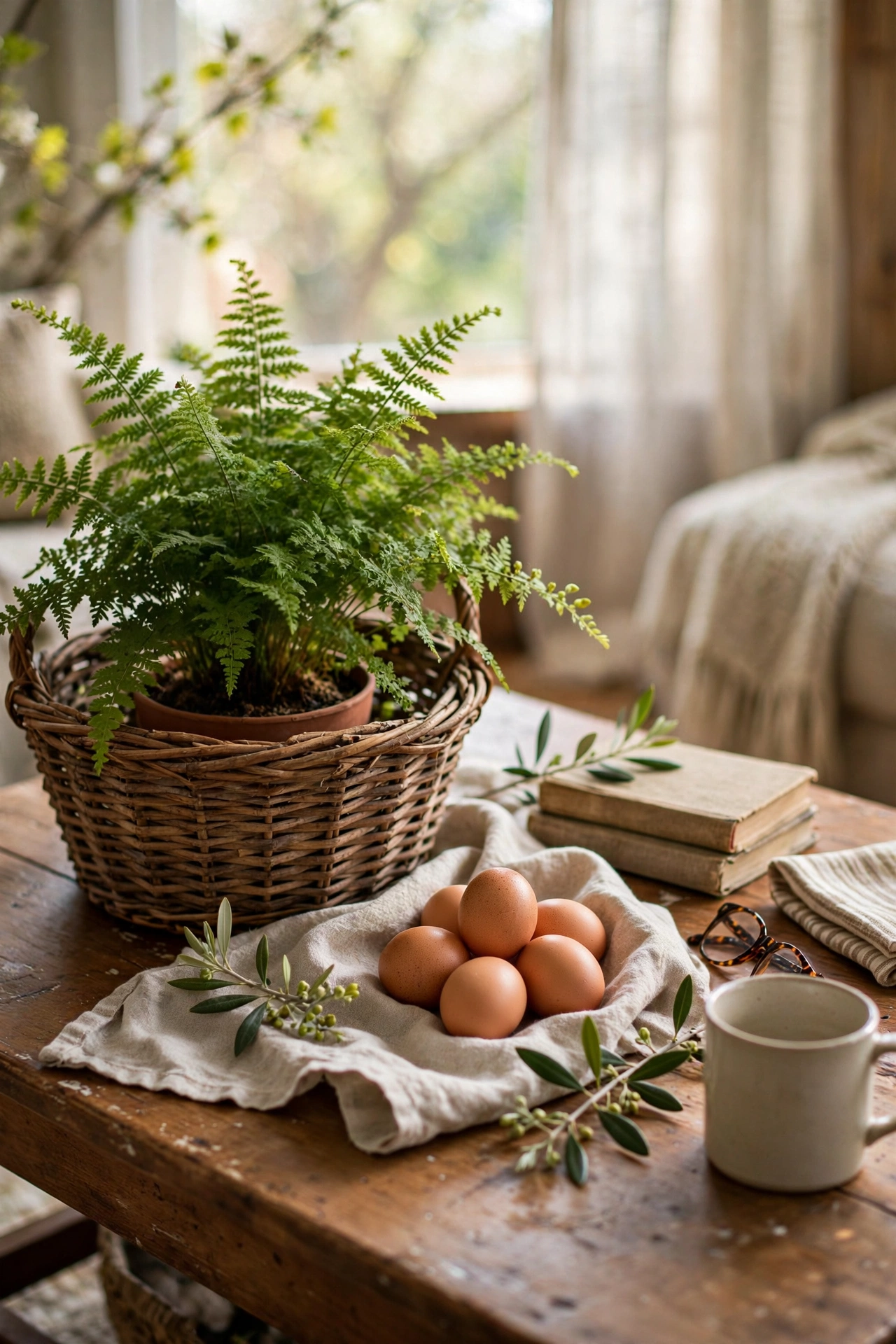Thrifted basket with a fern, natural eggs and linen on a coffee table
