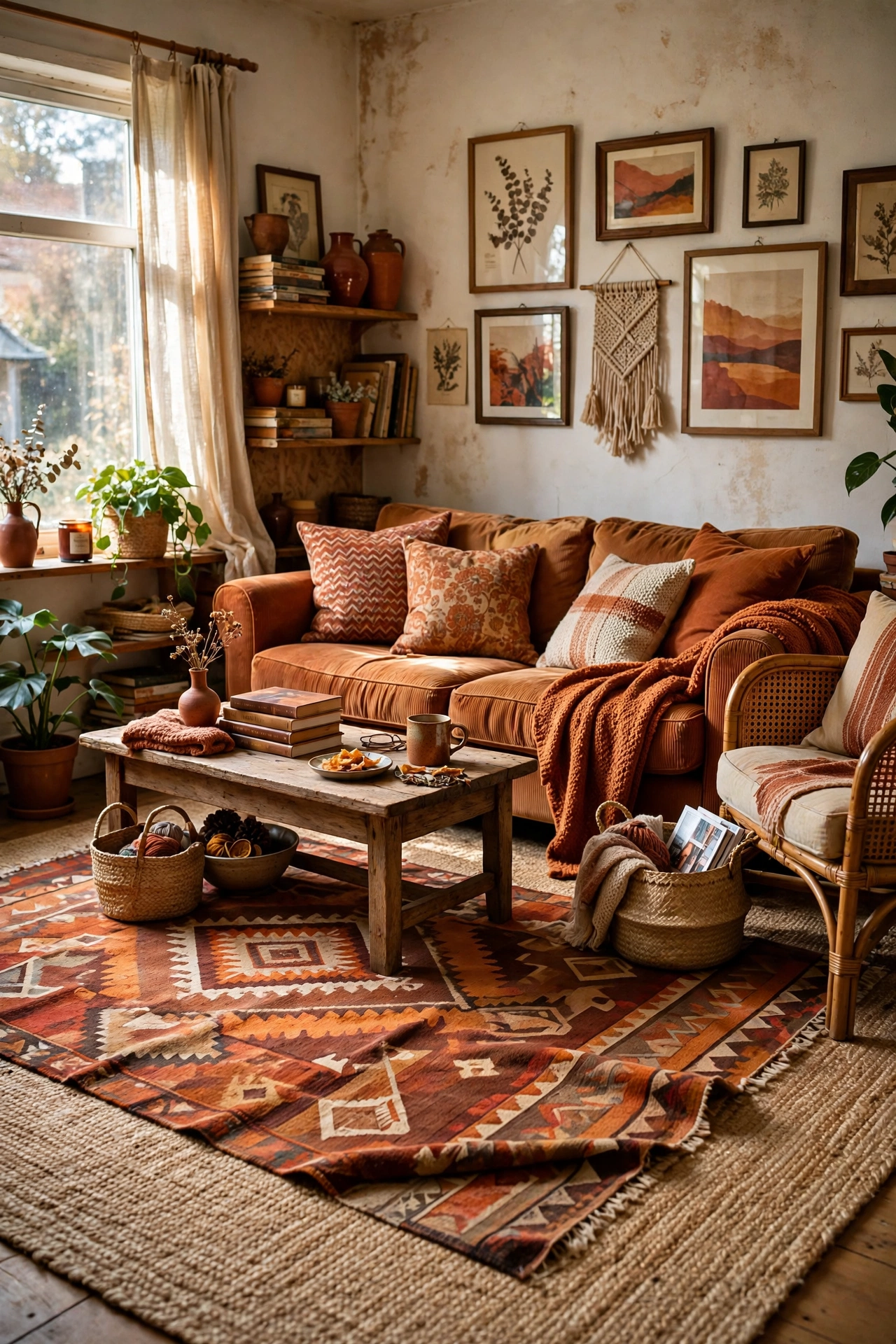 Living room with layered jute and patterned rugs sharing a rust tone