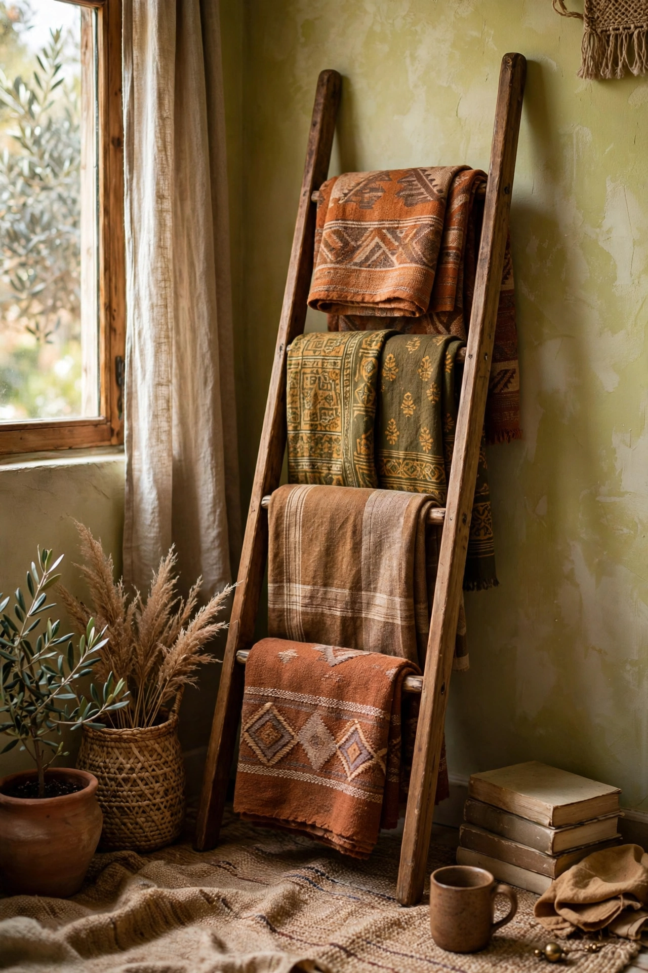 Blanket ladder displaying a collection of global textiles in warm tones