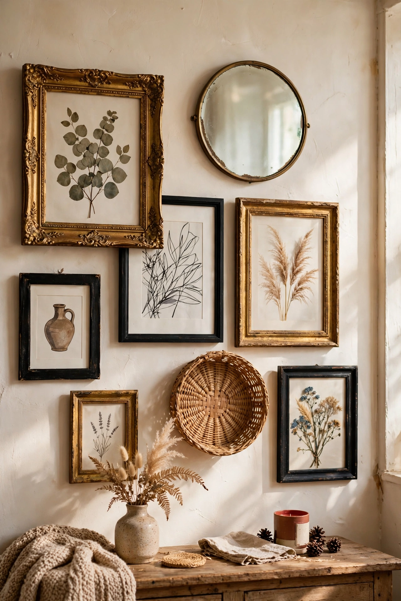 Eclectic gallery wall mixing gilt frames, black frames and a basket