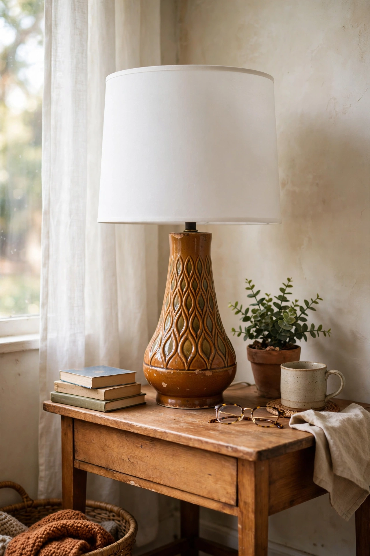 Vintage ceramic lamp base paired with a modern white drum shade