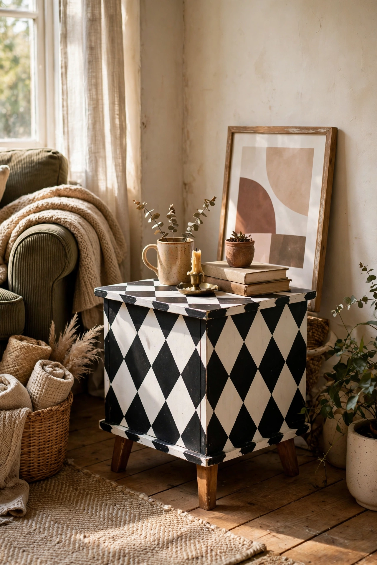 Thrifted side table painted in a black and white harlequin pattern