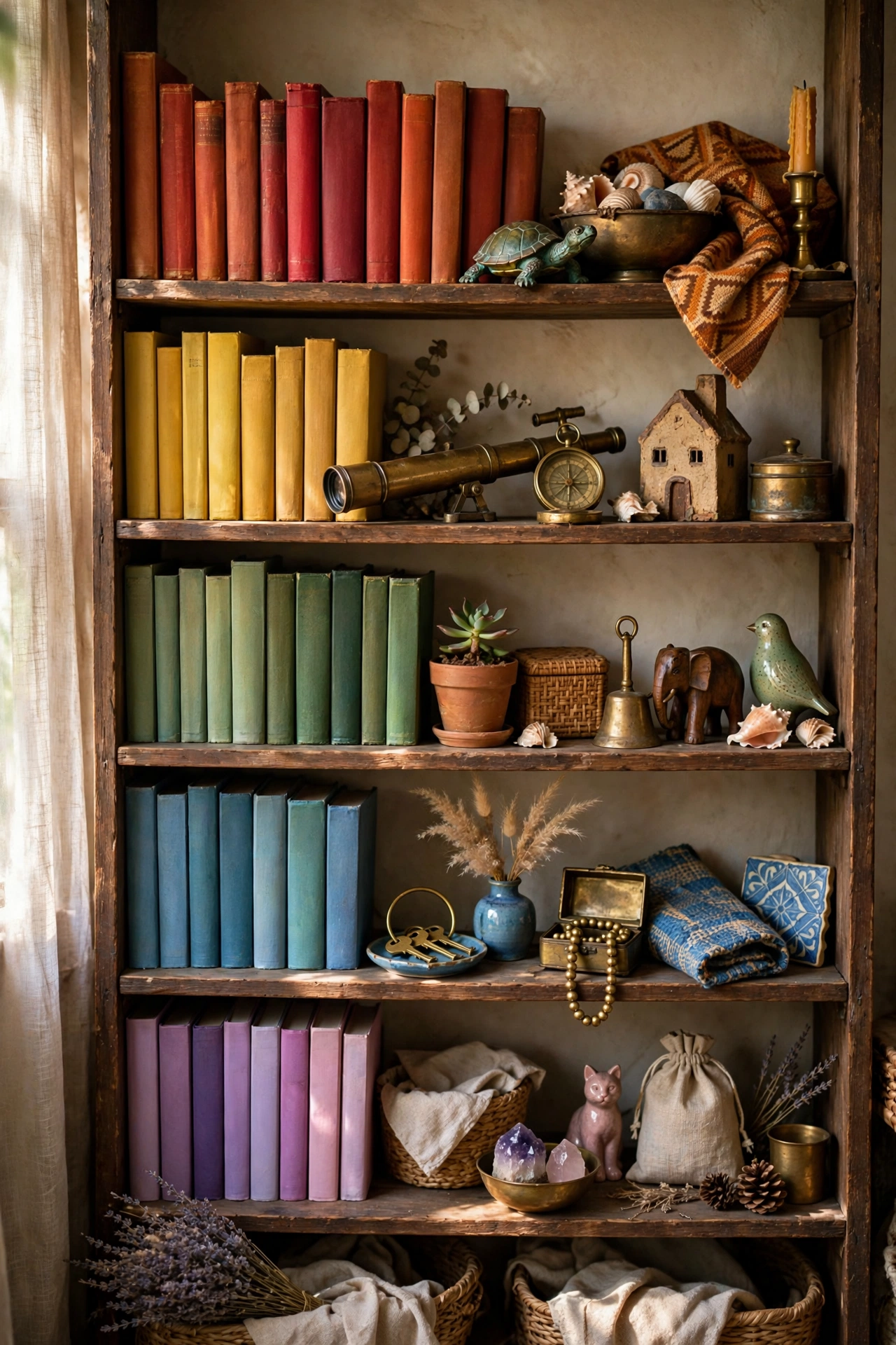 Bookshelf styled with souvenirs, brass and books grouped by colour