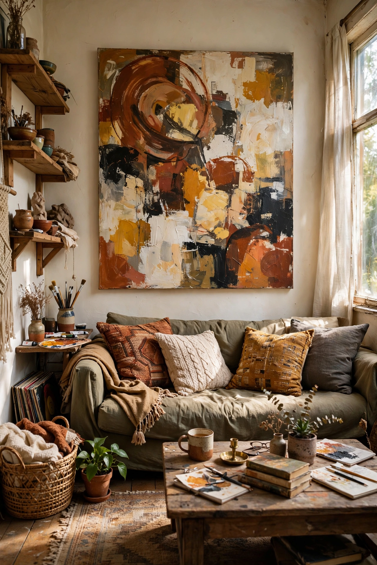 Large bold abstract painting in rust and ochre above a sofa