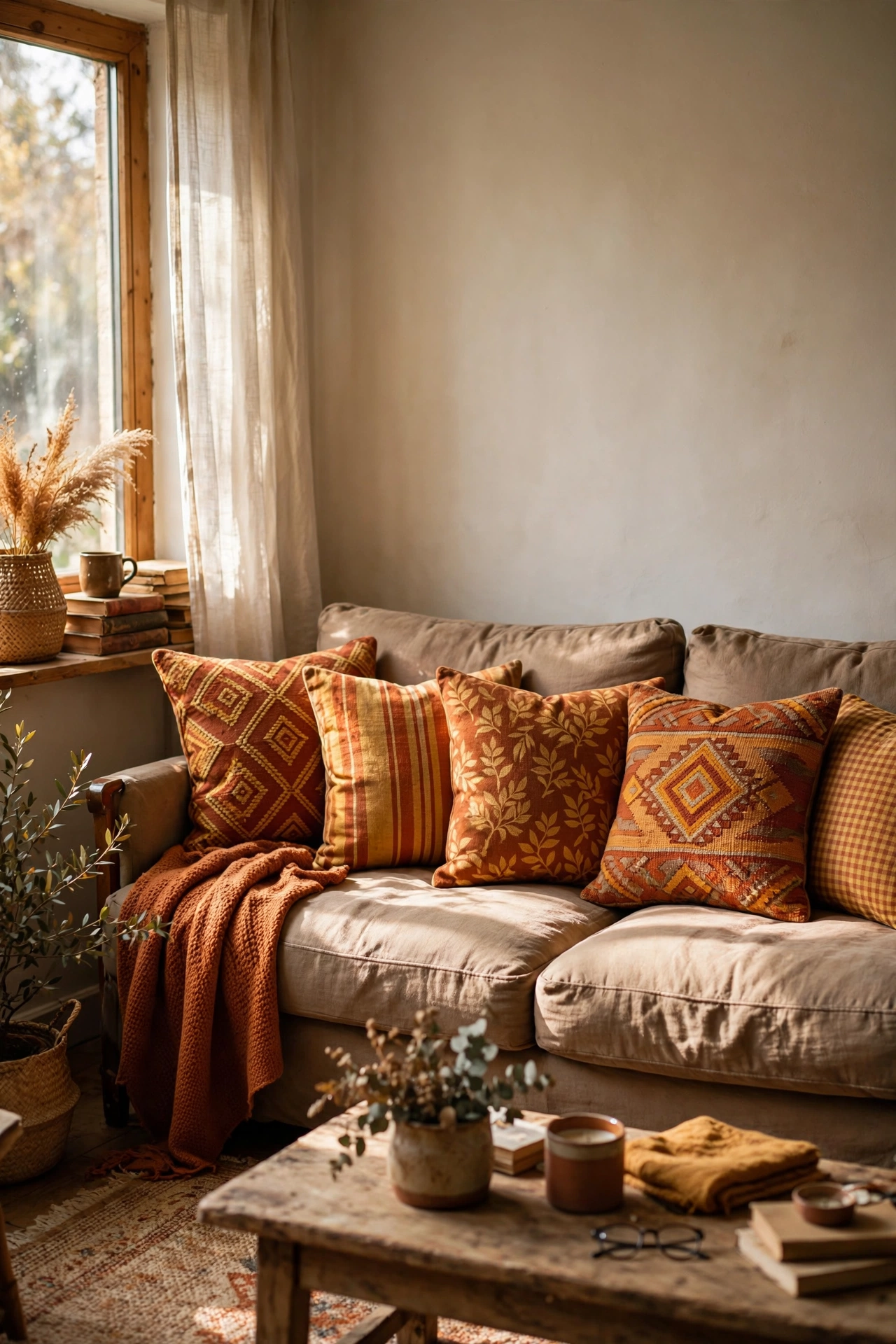 Sofa with five cushions in mixed patterns sharing warm tones