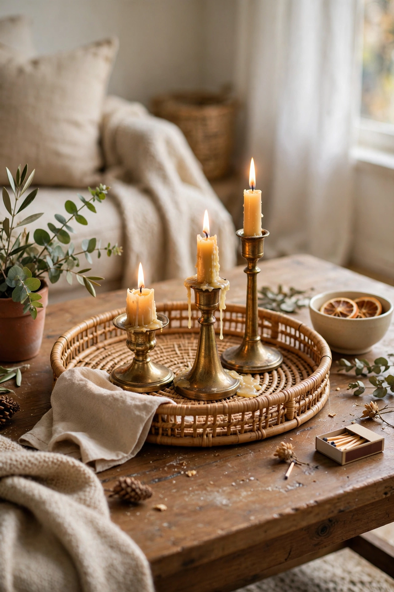 Coffee table with a rattan tray and brass candleholders