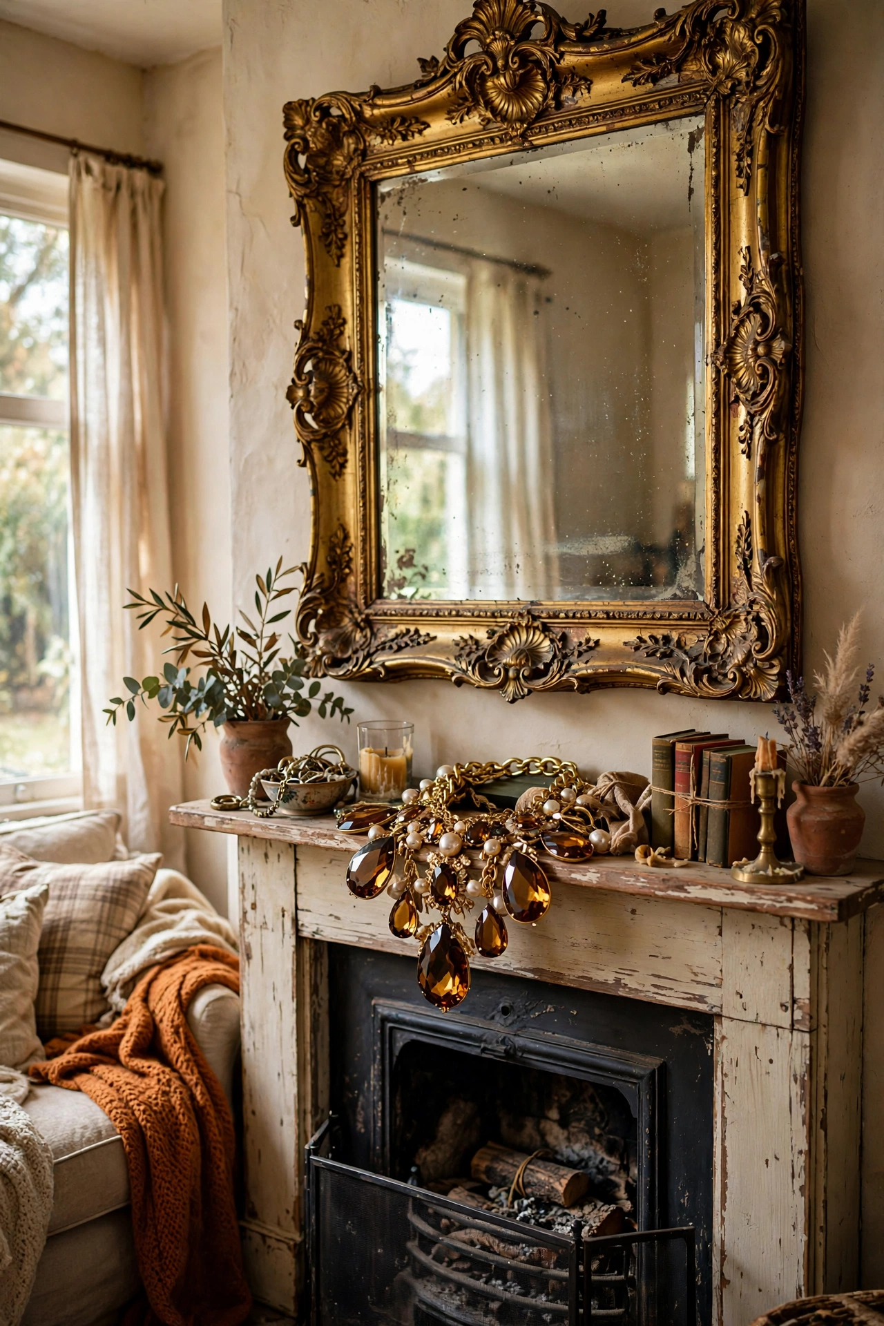 Oversized gilt thrifted mirror hung above a fireplace mantel