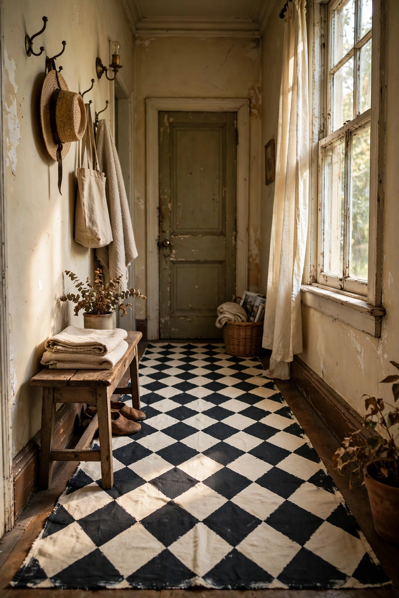 Canvas floor cloth painted in a black and cream diamond pattern