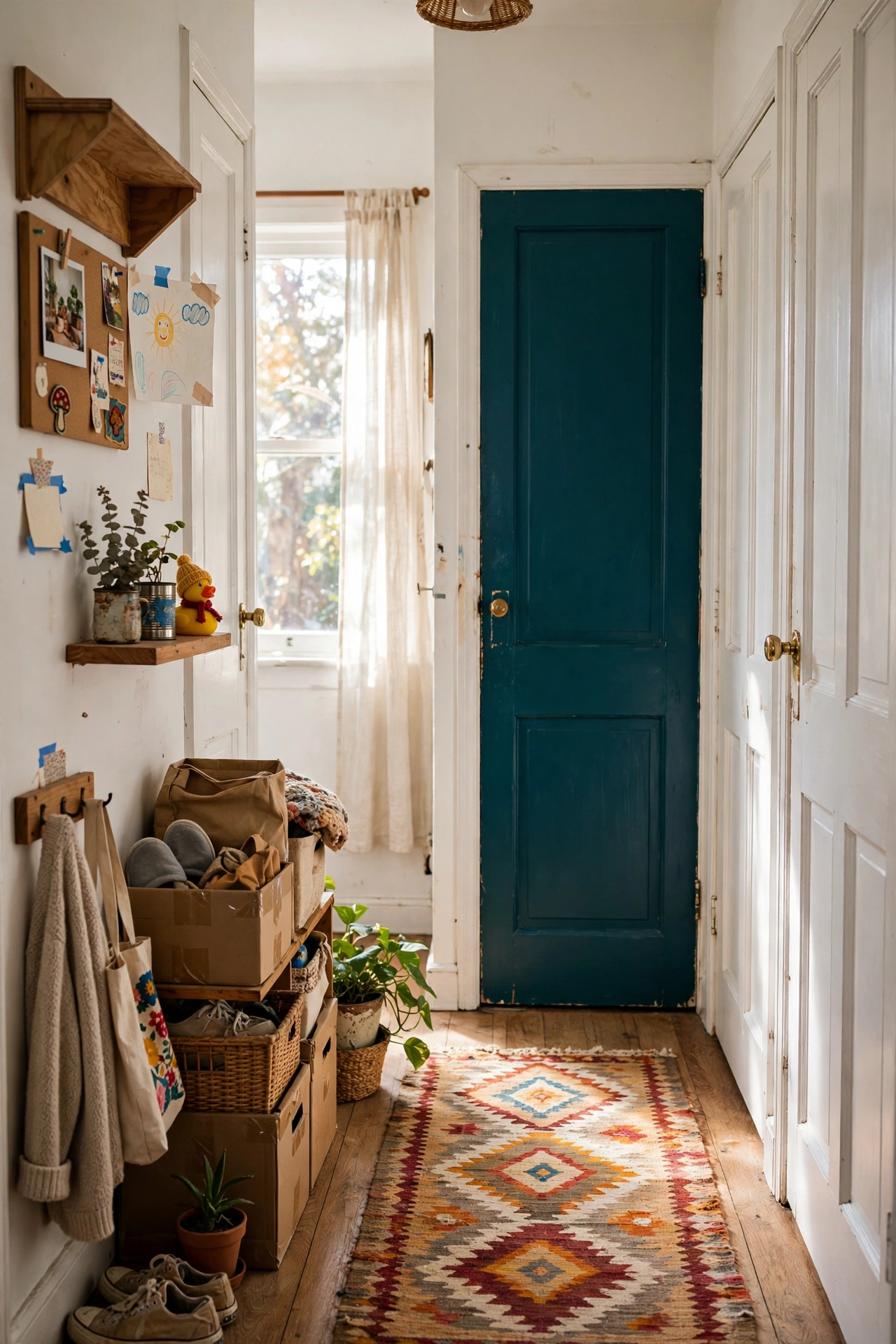 Hallway with one interior door painted deep teal