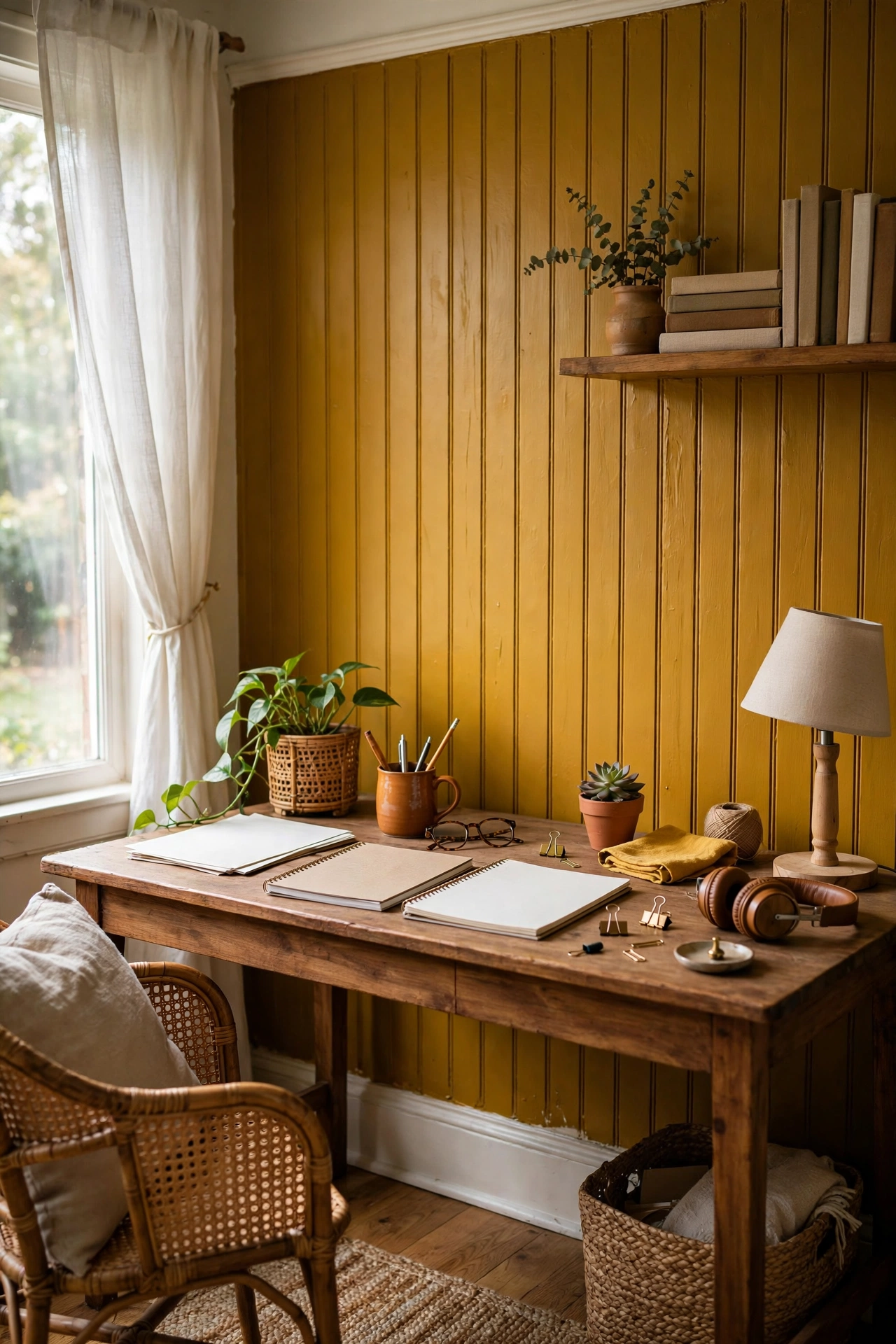 Home office nook with deep mustard painted beadboard panel