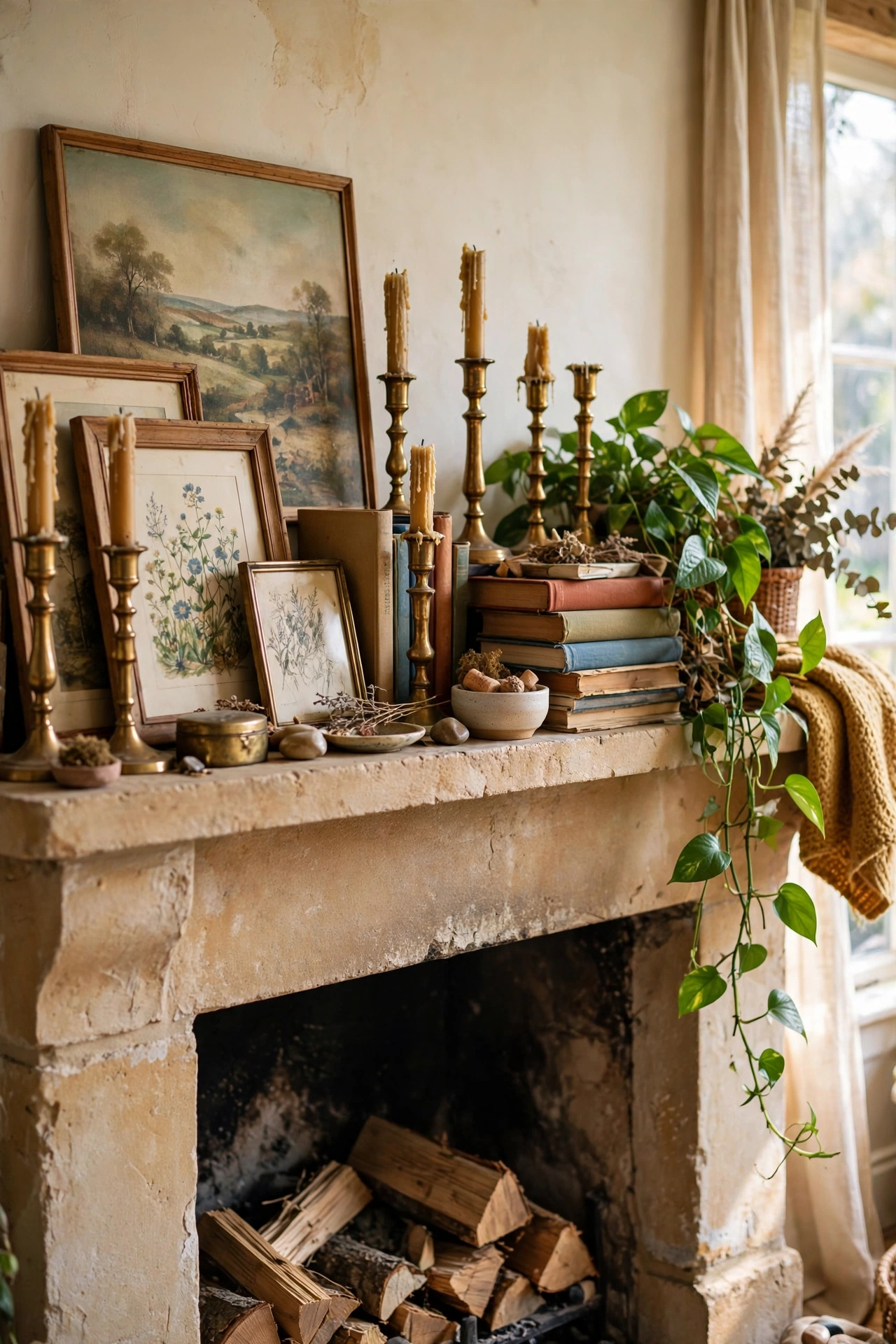 Maximalist mantel layered with art, brass and trailing plants