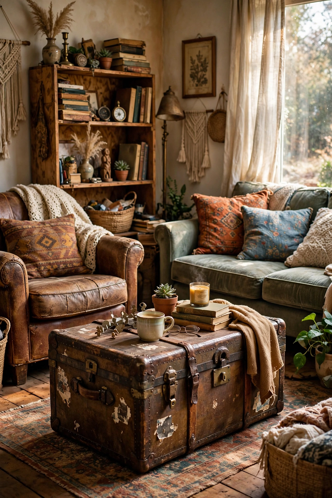 Vintage steamer trunk used as a coffee table in a living room
