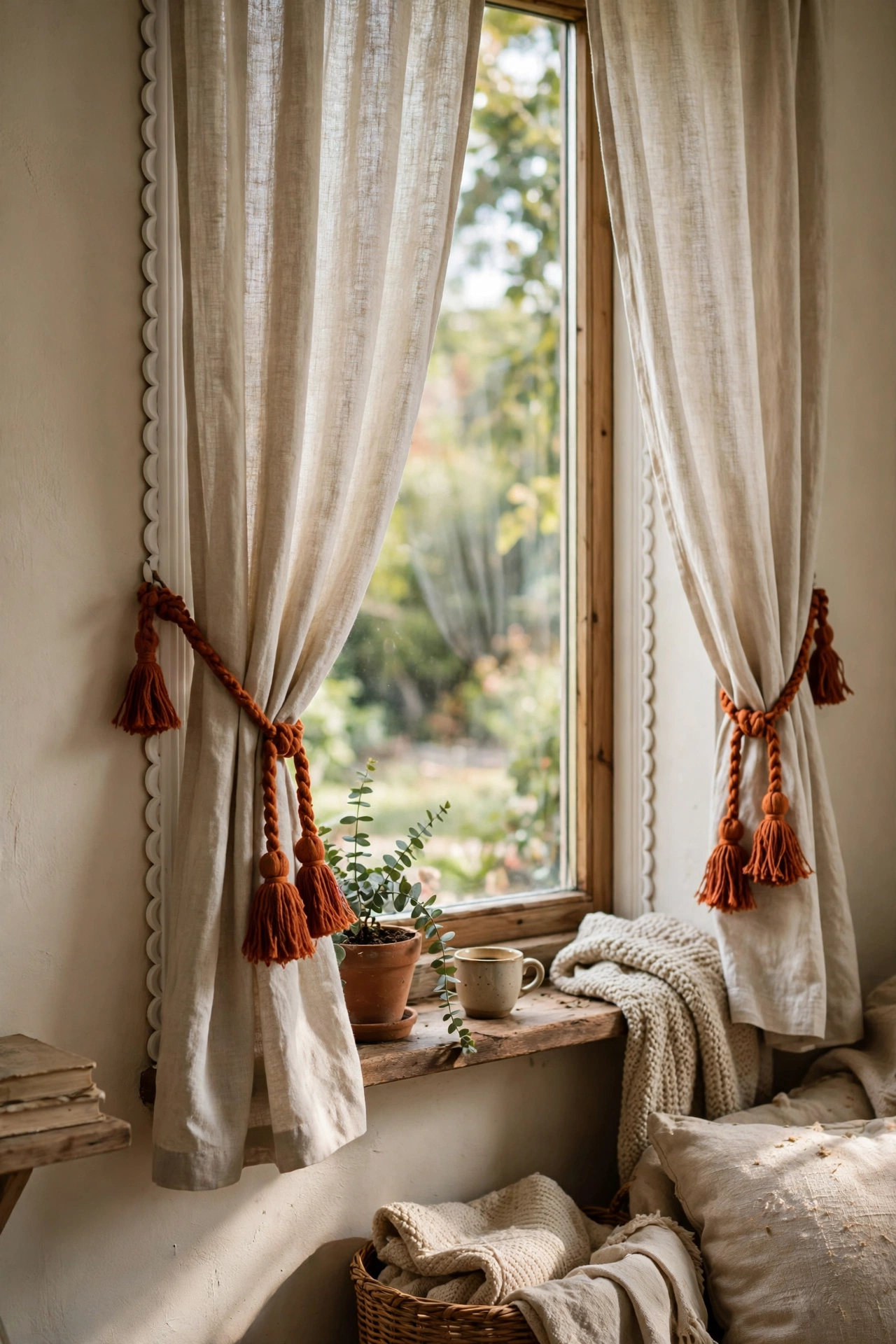 Plain curtains with handmade rust tassel tie-backs