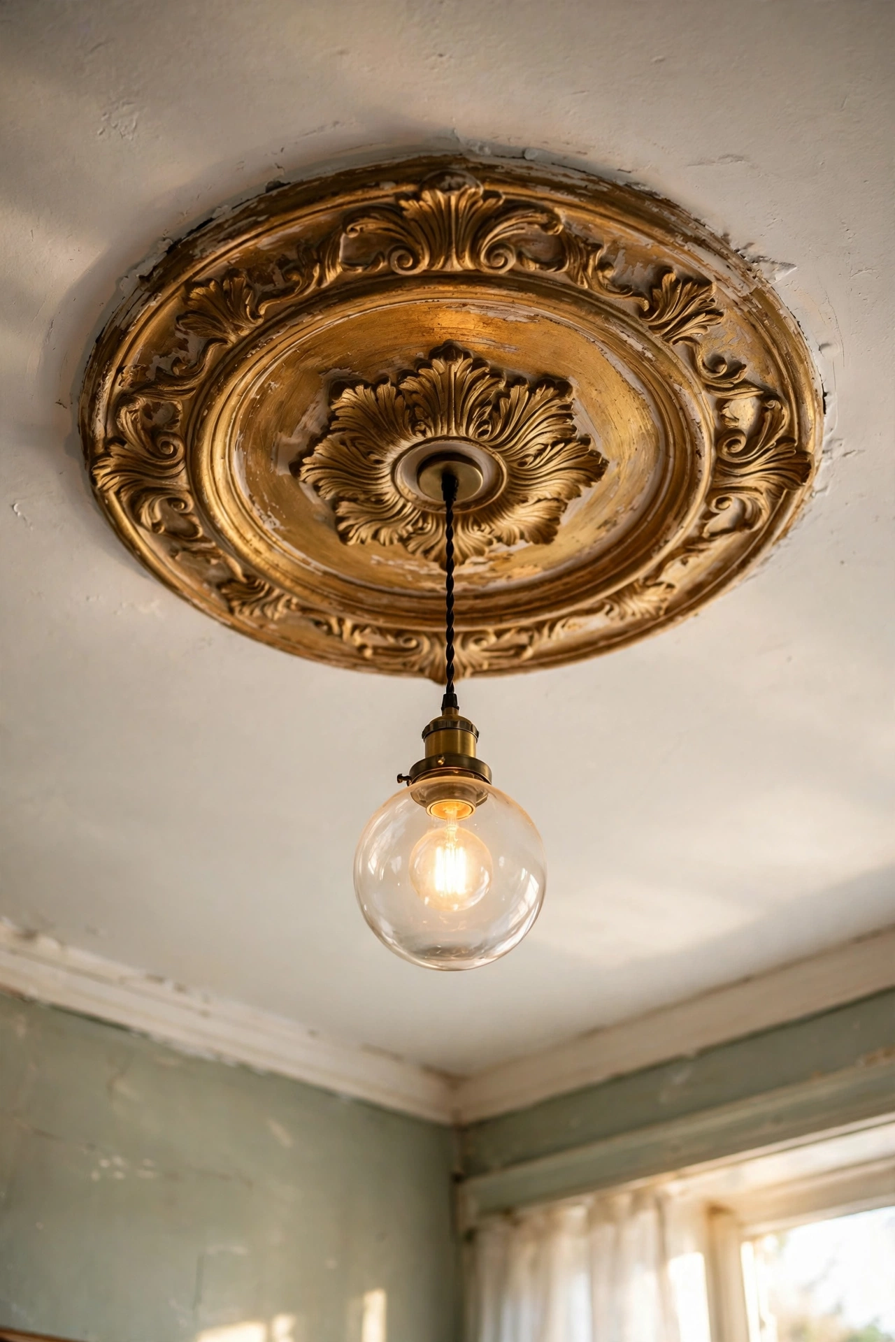 Ceiling medallion painted antique gold around a pendant light