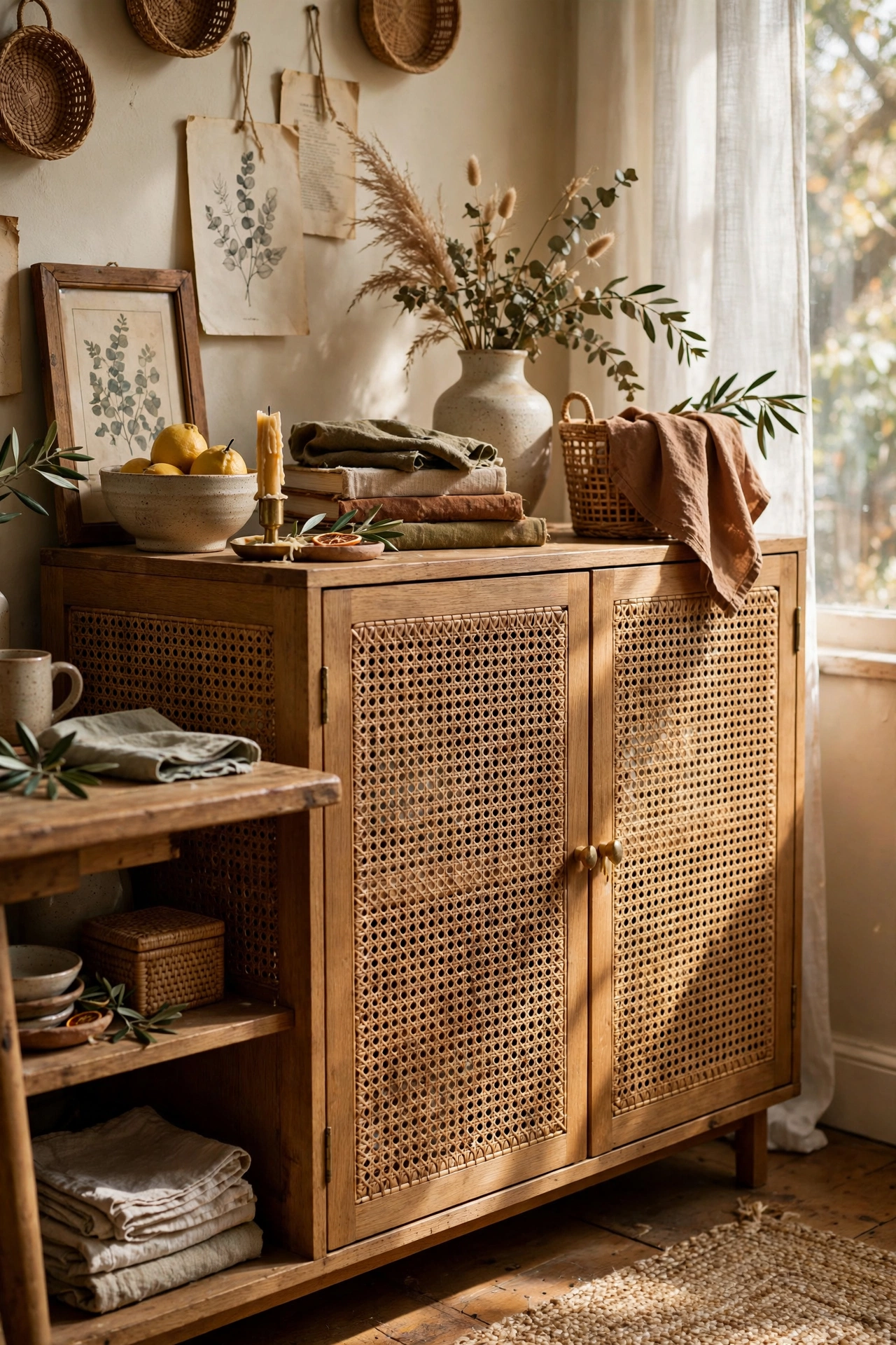Cabinet doors with natural cane webbing fronts in a dining room