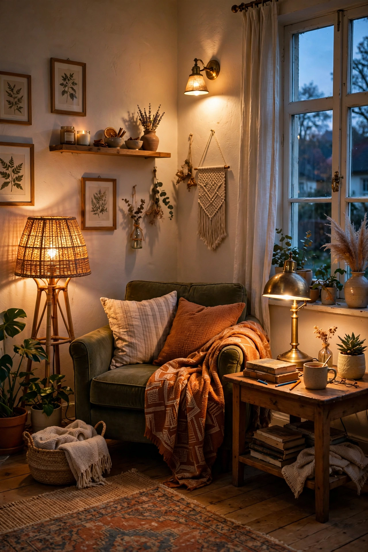 Living room glowing with floor lamp, table lamp and wall sconce