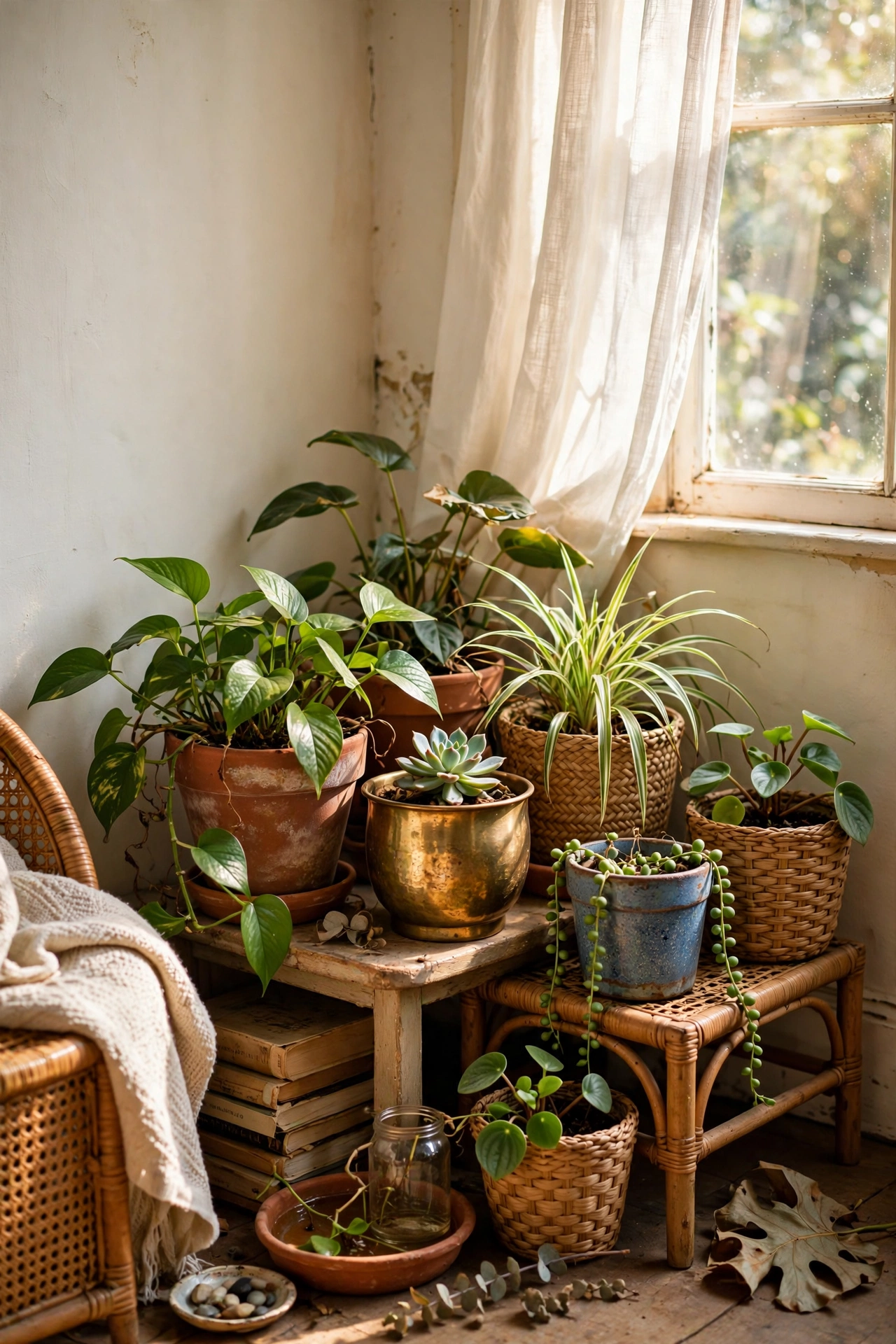 Cluster of houseplants in mismatched thrifted pots in a corner
