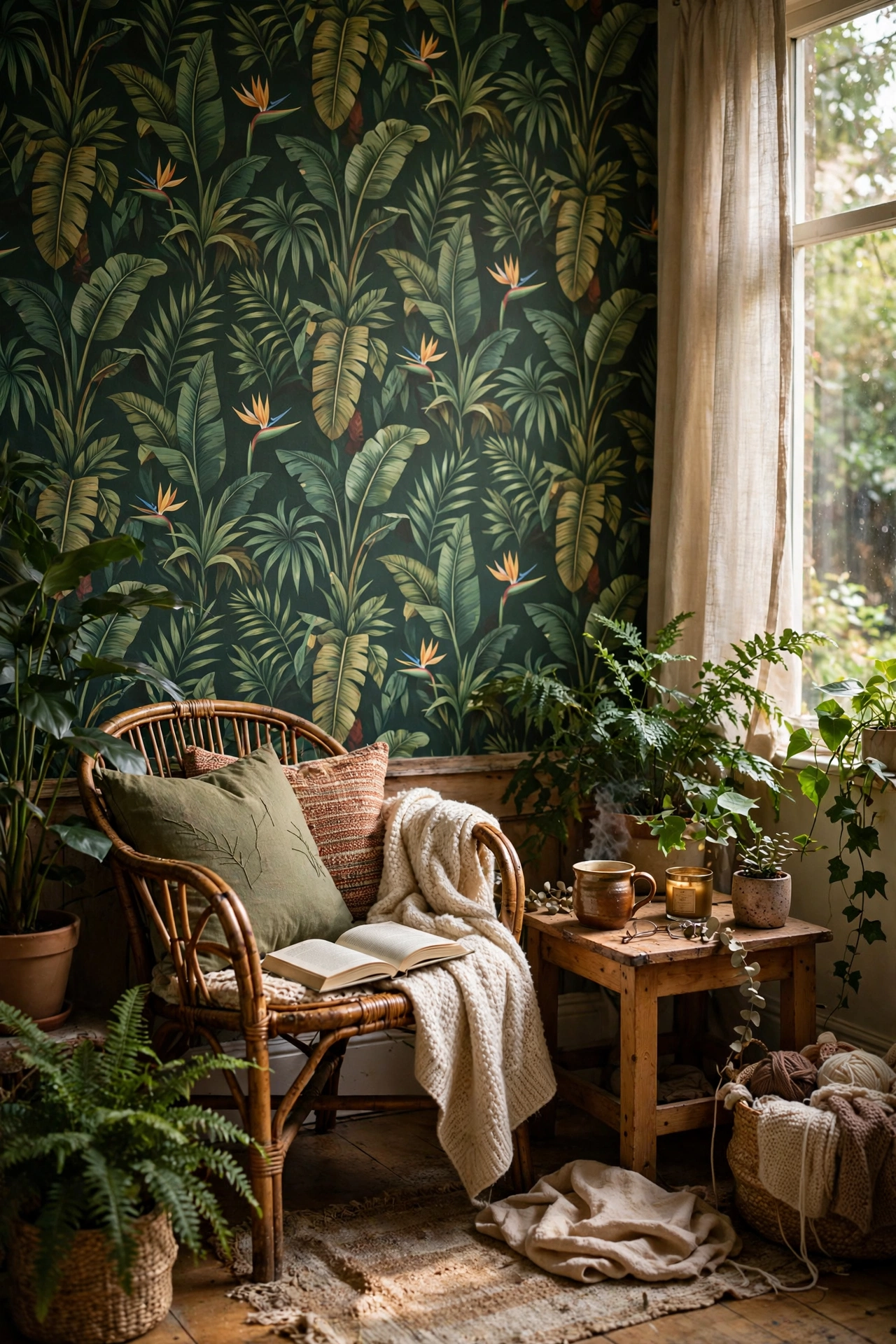 Reading nook with bold jungle print peel-and-stick wallpaper