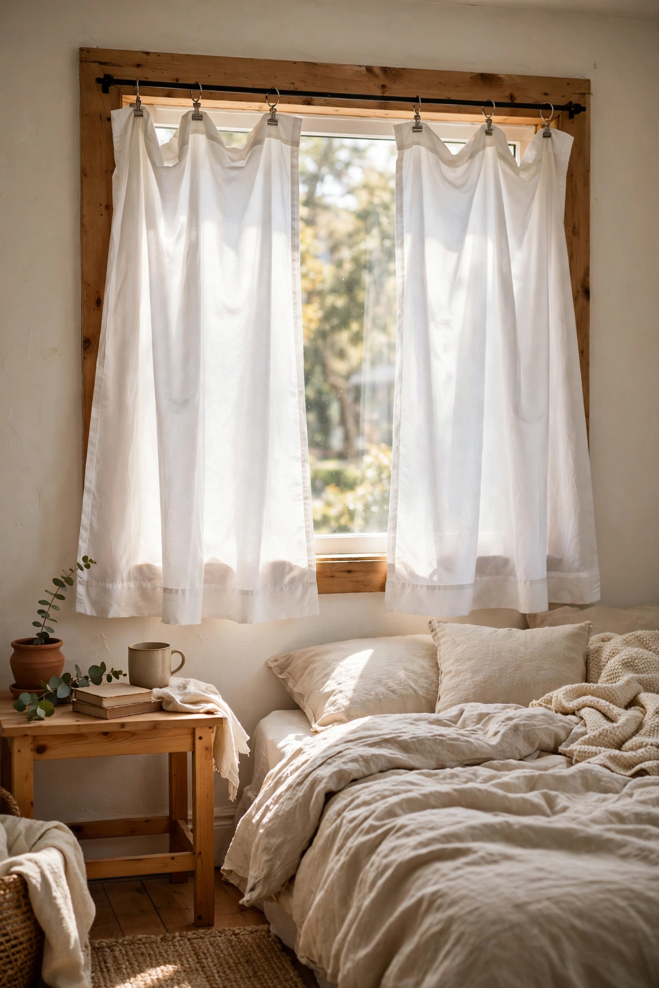 White flat bed sheets hemmed into simple curtains with clip rings