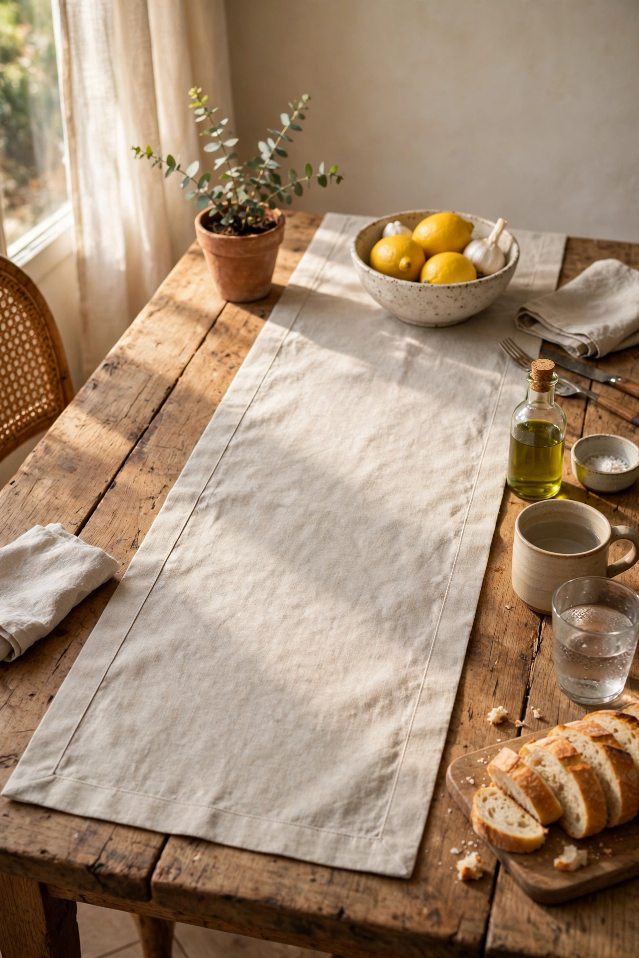 Linen table runner with ironed hems on a dining table