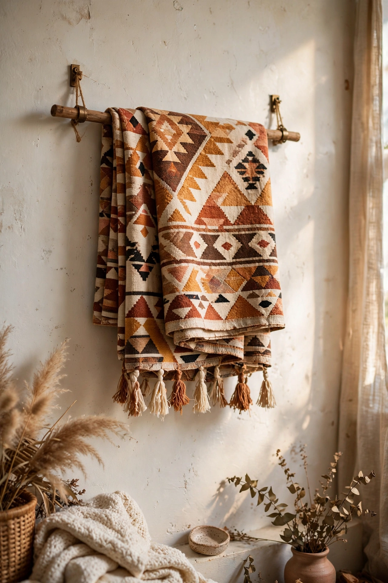 Fabric wall hanging folded over a wooden dowel in a bedroom