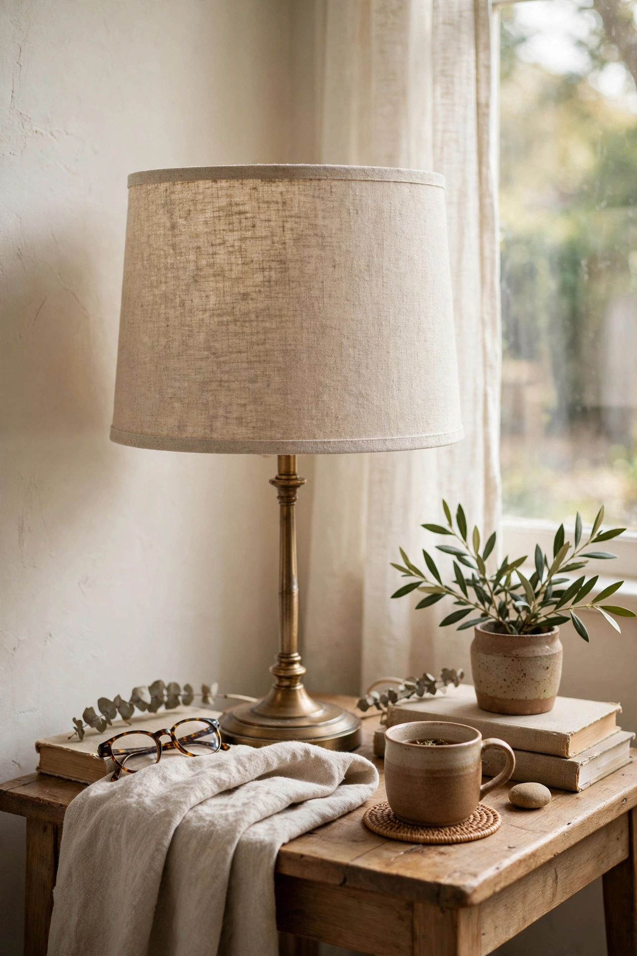 Plain drum lampshade wrapped in natural linen fabric