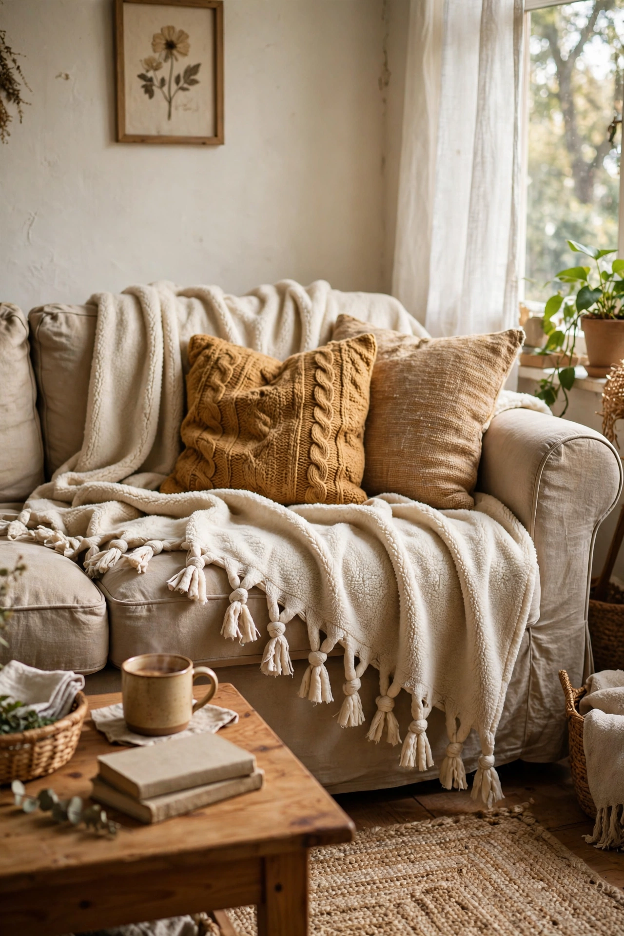 Fleece throw blanket with hand-tied fringe ends on a sofa