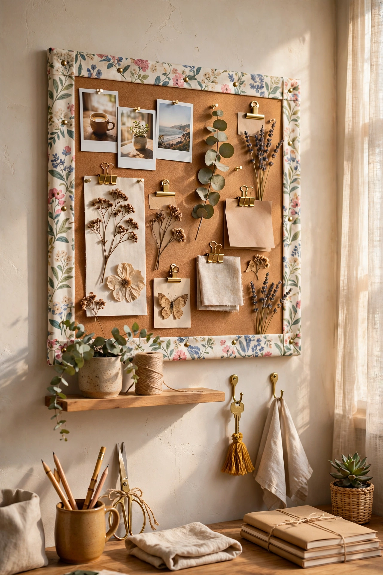 Cork board wrapped in floral fabric as a stylish memo board
