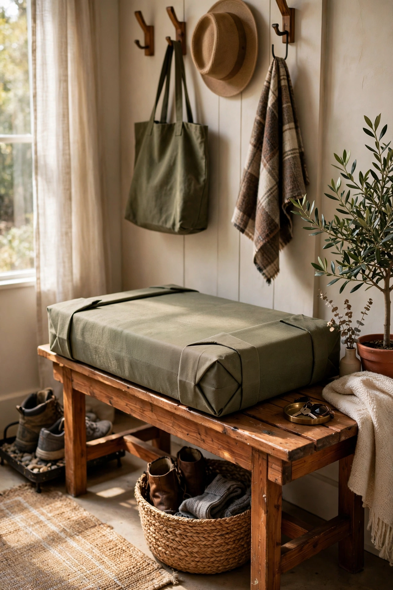 Bench with a no-sew cushion made from foam wrapped in fabric