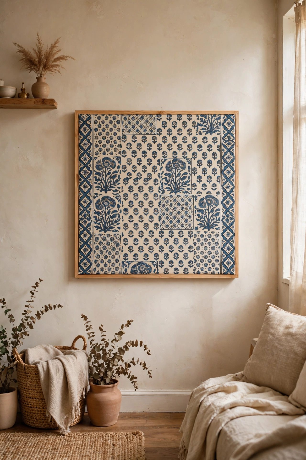Block-print fabric stretched over a canvas frame as wall art