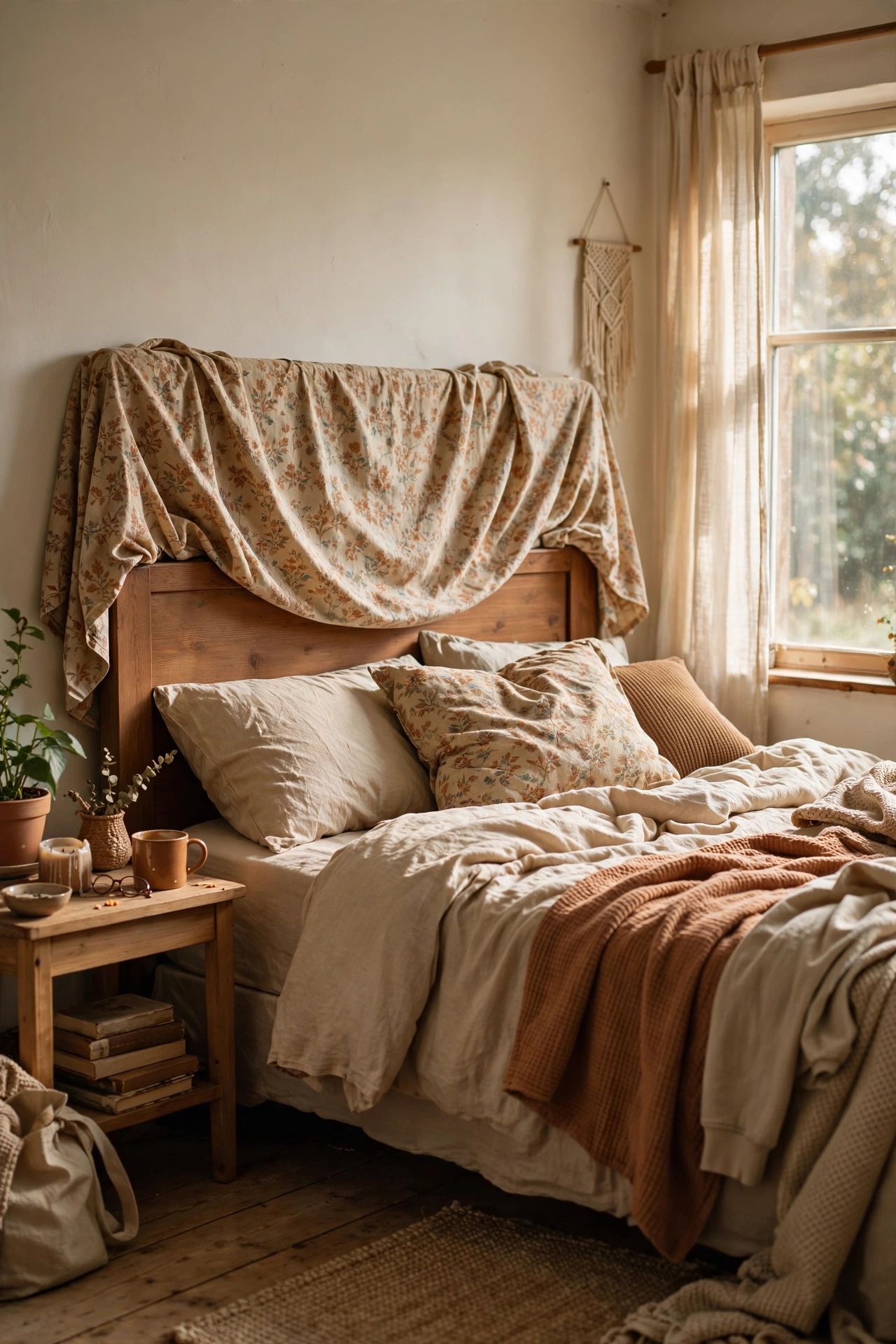 Wooden headboard slipcovered with a draped flat sheet