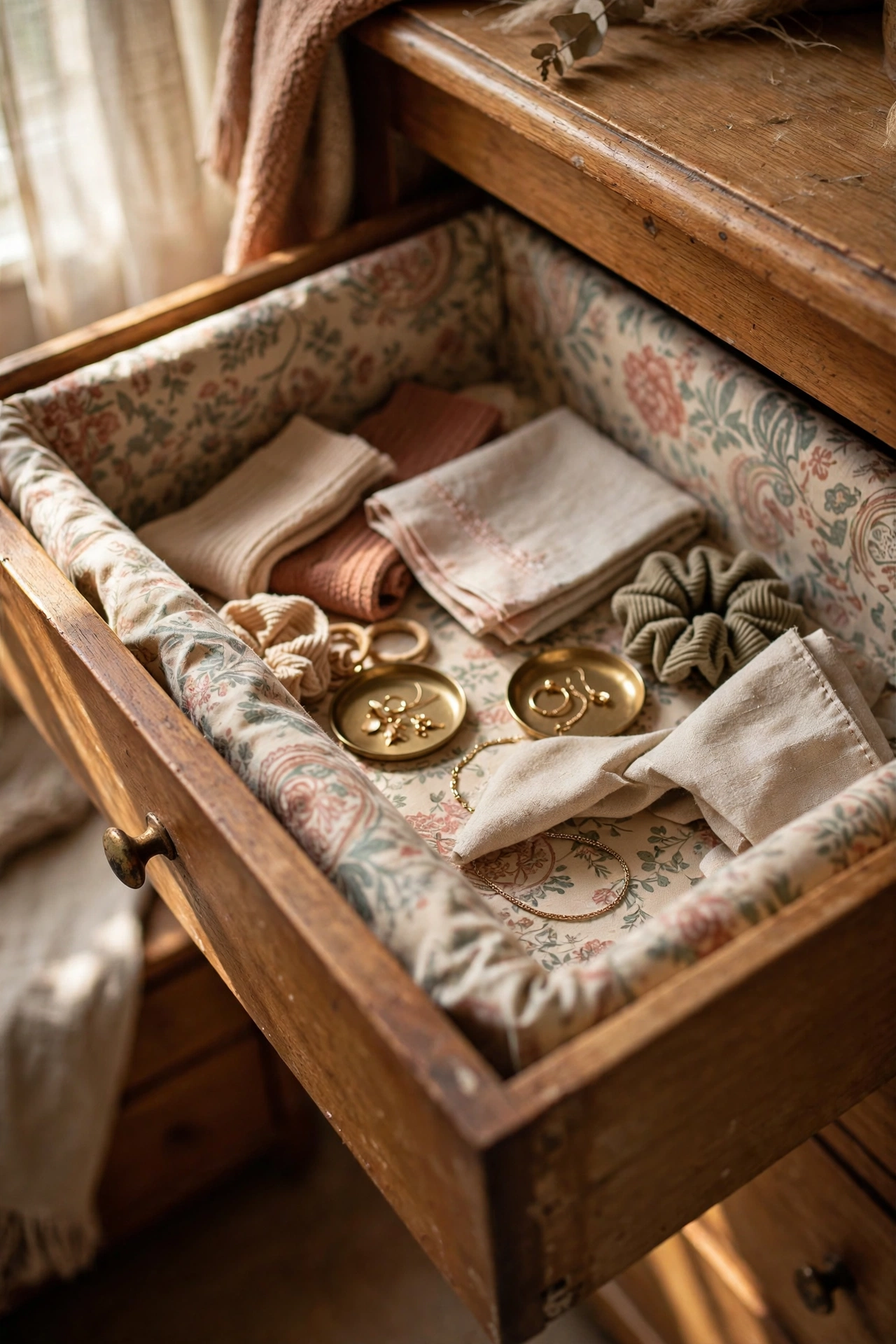 Dresser drawer opened to reveal pretty fabric drawer liners