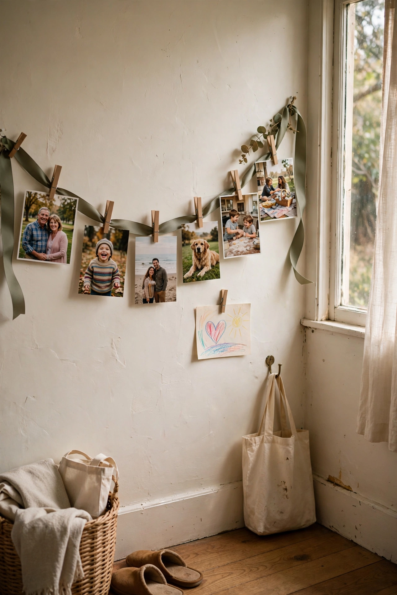 Hallway ribbon garland with clipped family photos