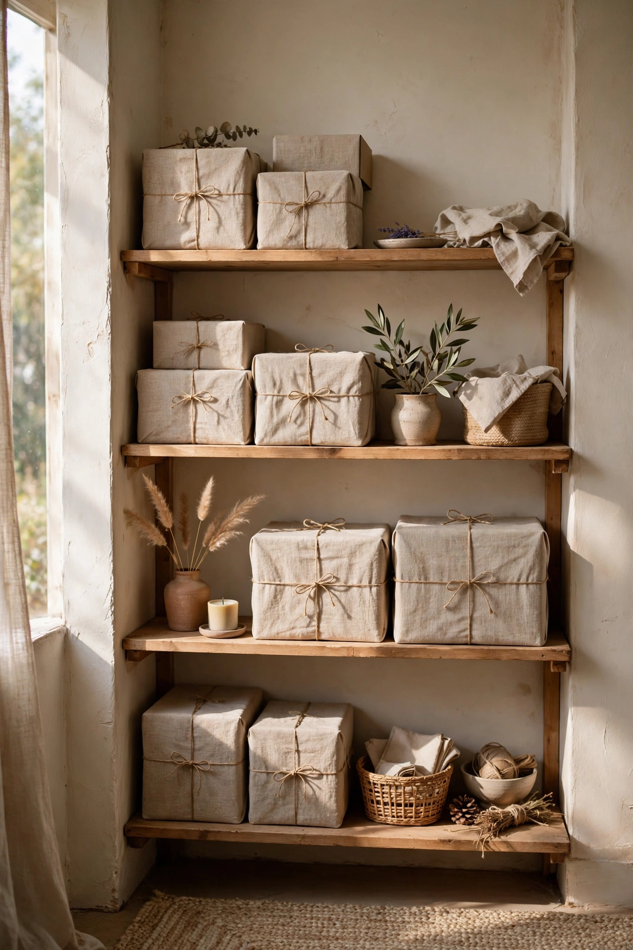 Cardboard storage boxes wrapped in linen on open shelves