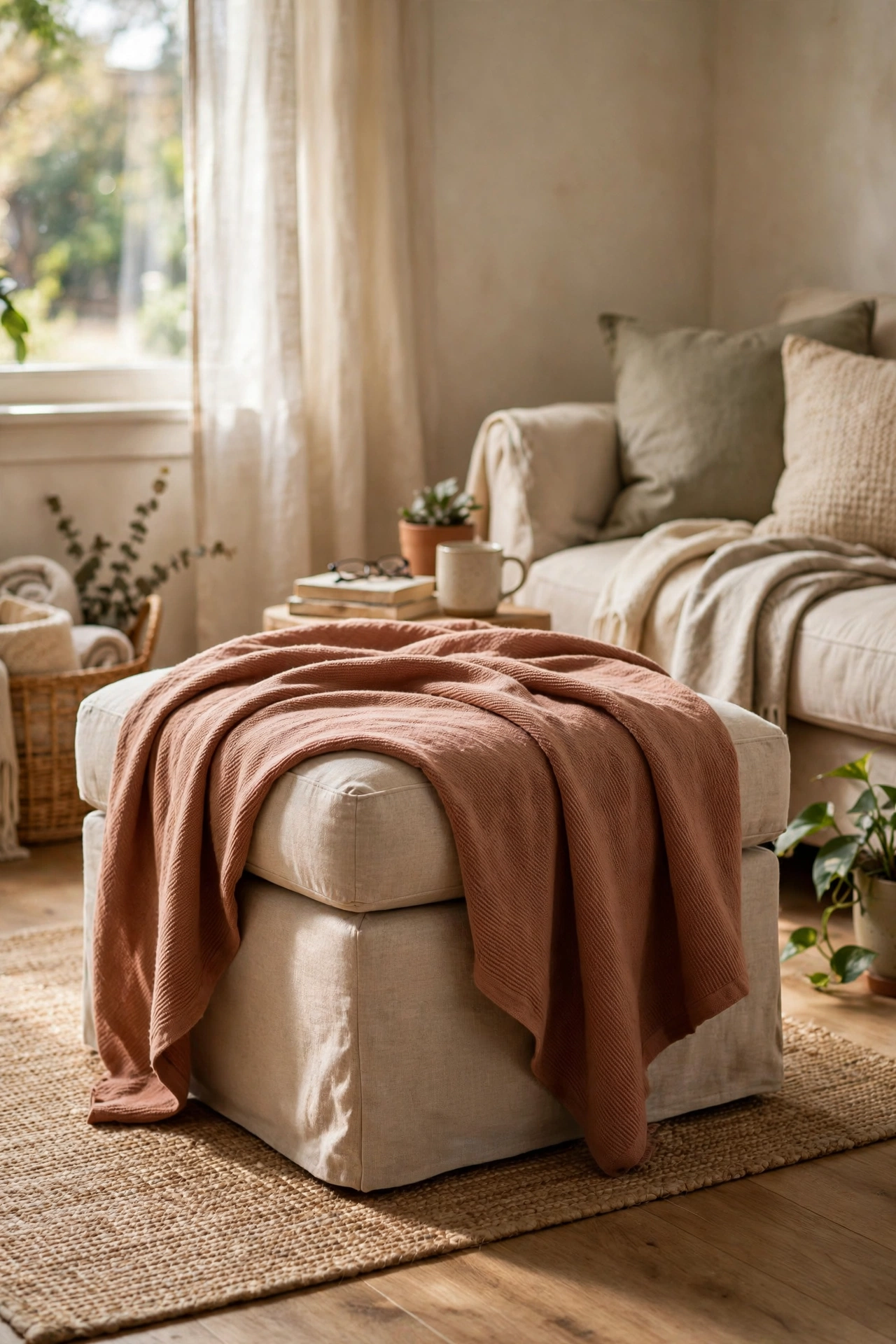 Ottoman refreshed with a draped washable throw cover