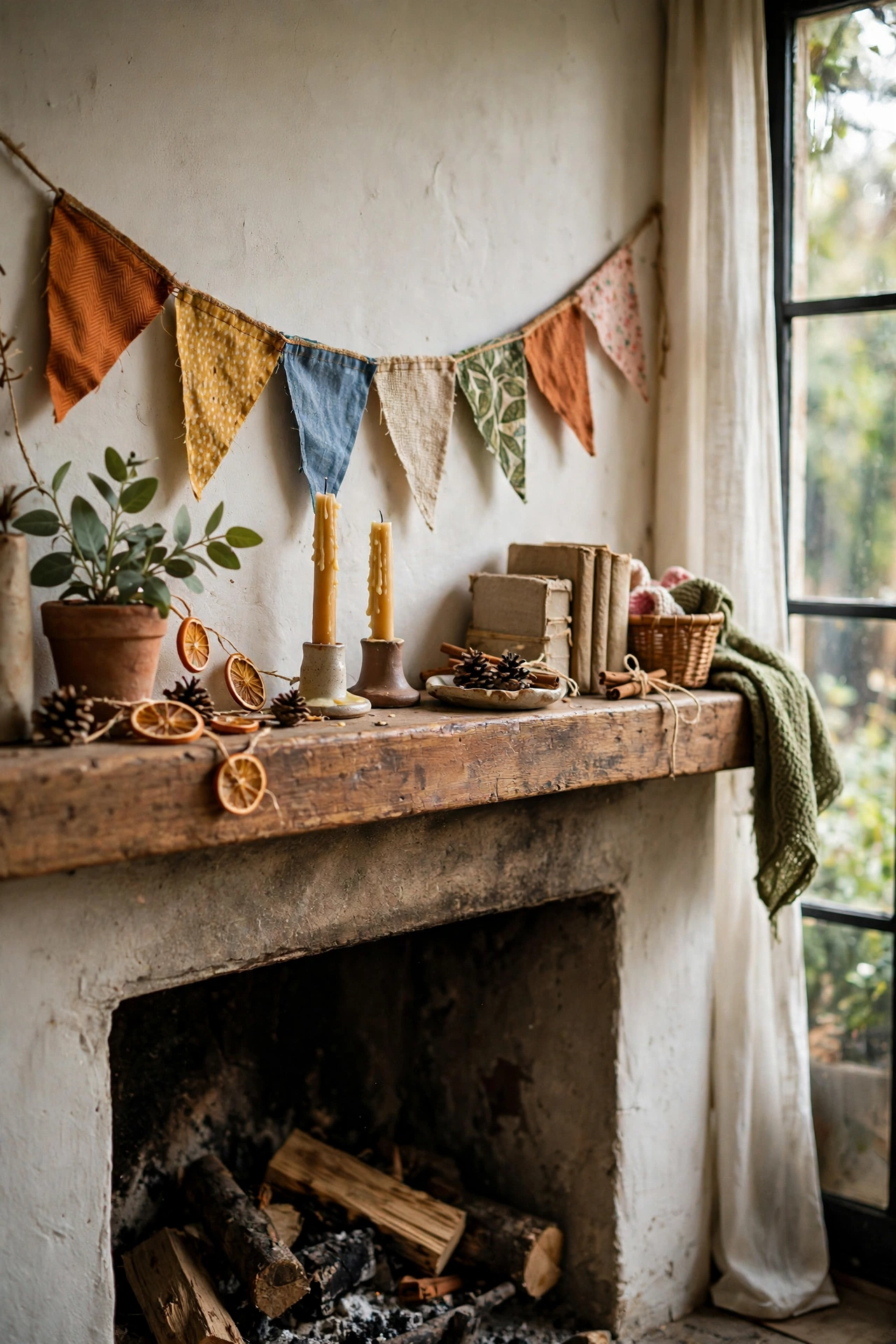 Triangle bunting banner from fabric scraps across a mantel