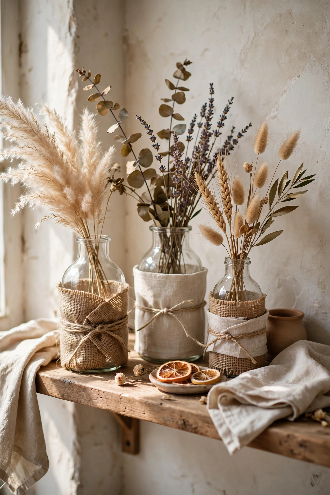 Glass vases partially wrapped in burlap and linen with dried flowers