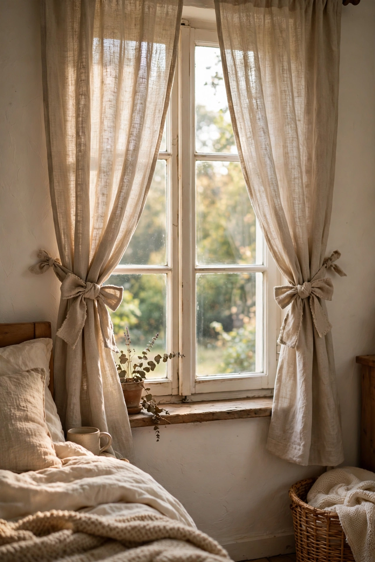 Linen curtains with handmade fabric bow tie-backs