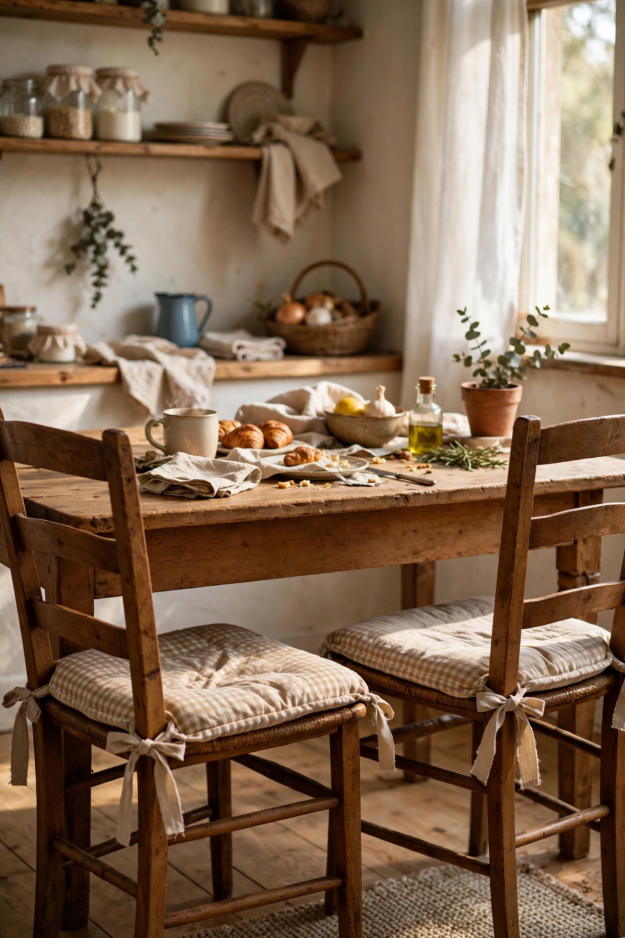 Kitchen chairs with custom fabric pad covers and ribbon ties