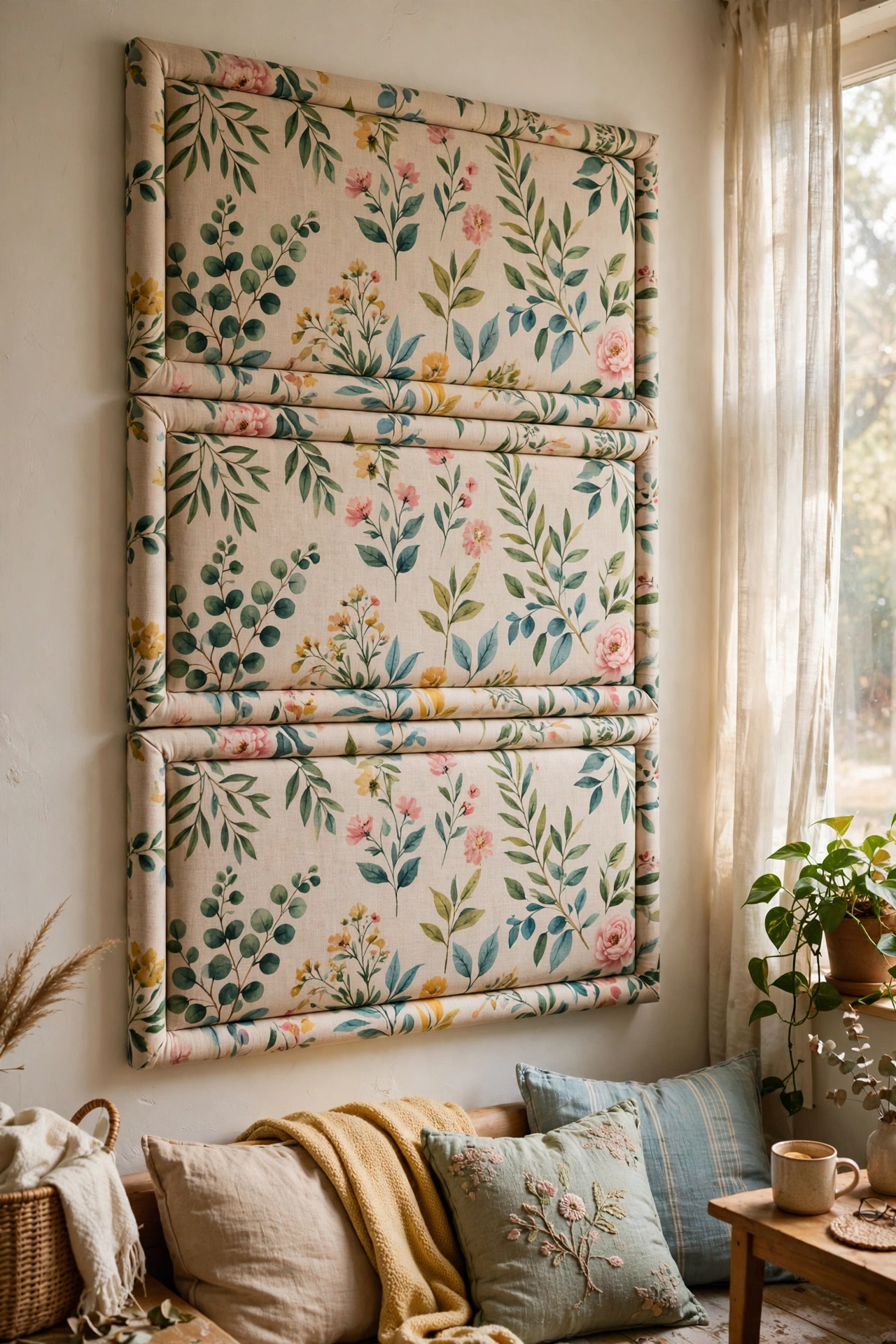 Foam boards wrapped in botanical fabric as wall panels