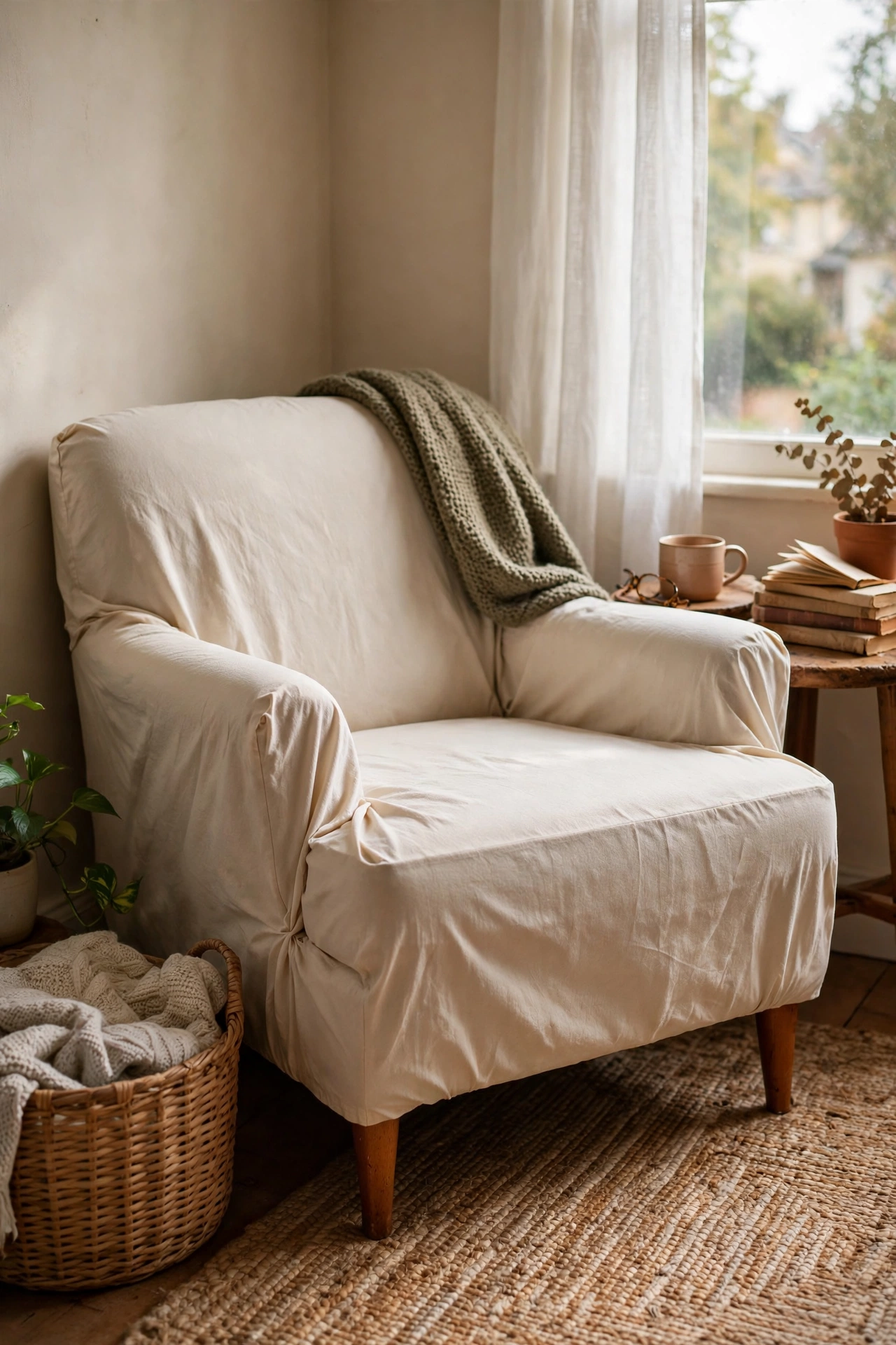 Armchair with a no-sew slipcover tucked from a flat sheet