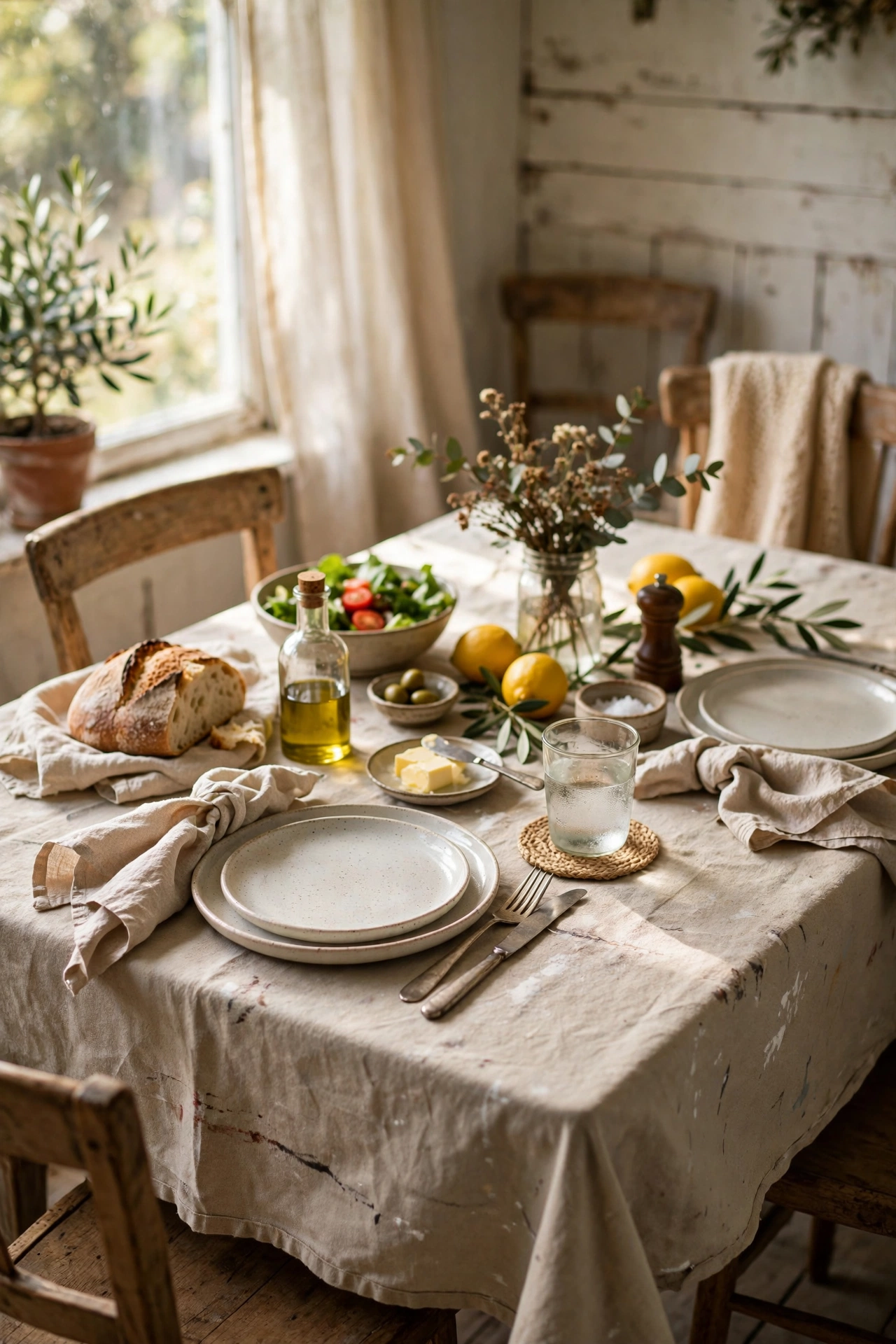 Dining table with a natural canvas drop cloth as a tablecloth