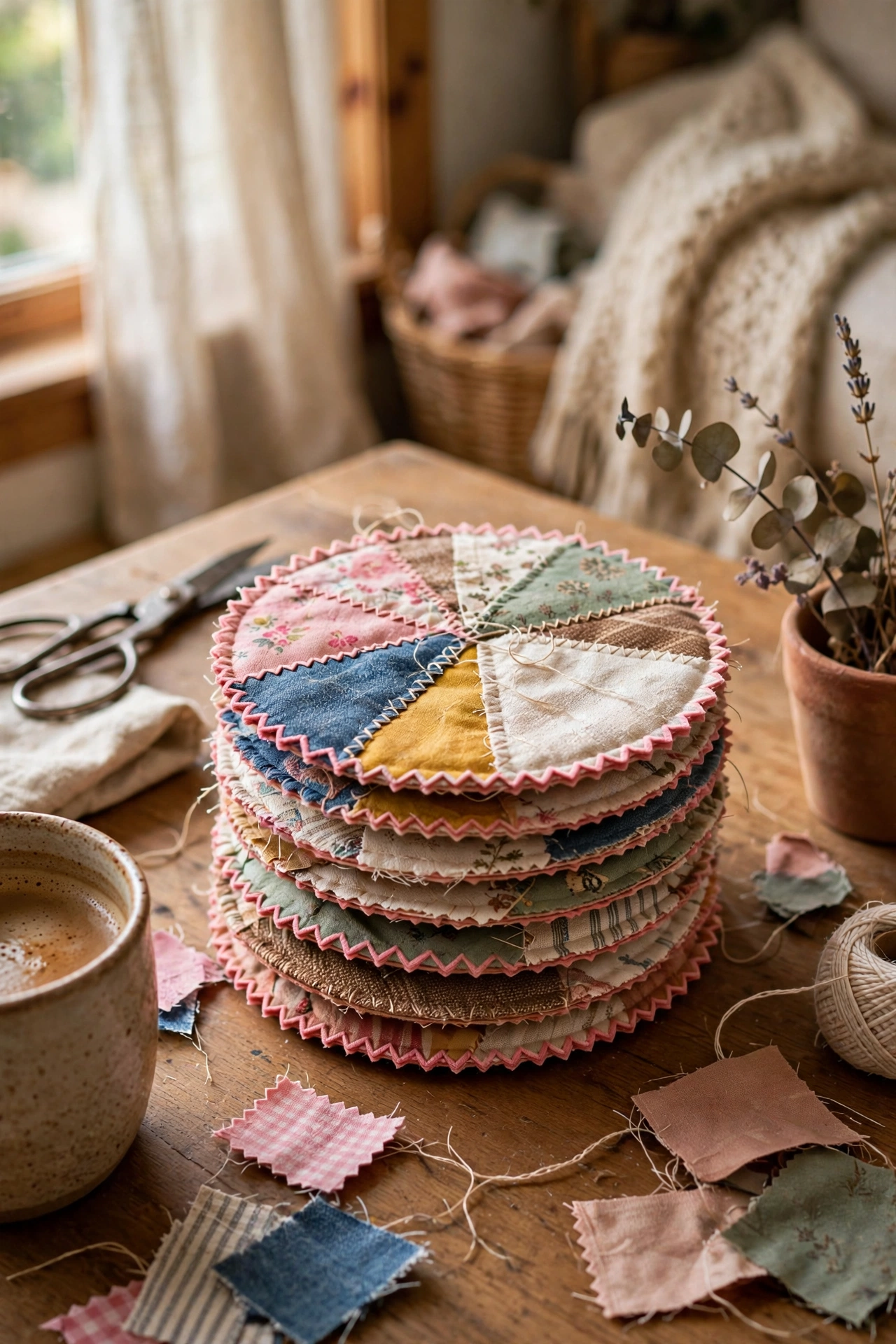 Stack of handmade coasters from layered fabric scraps