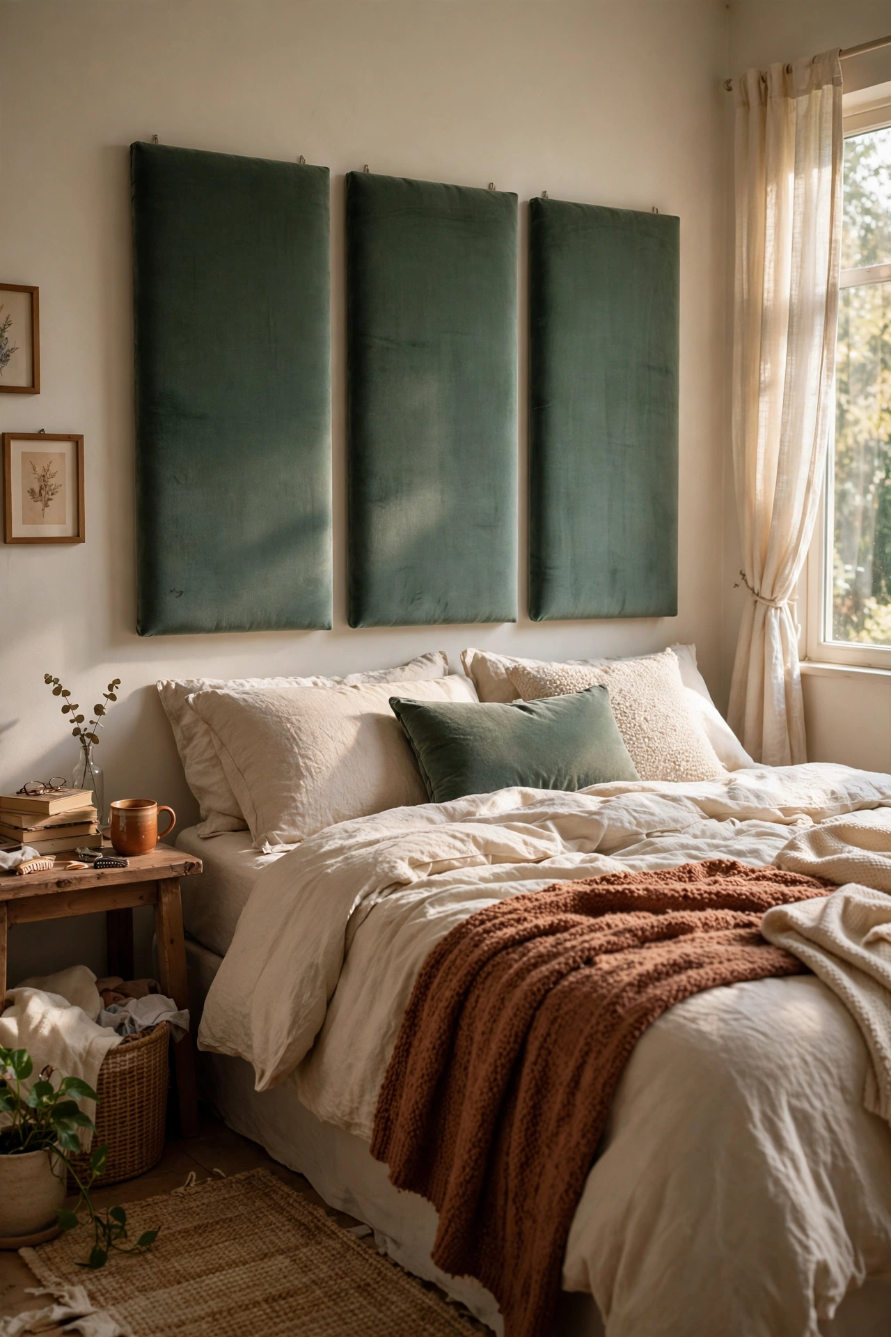 Bedroom with foam boards wrapped in velvet as a panelled headboard