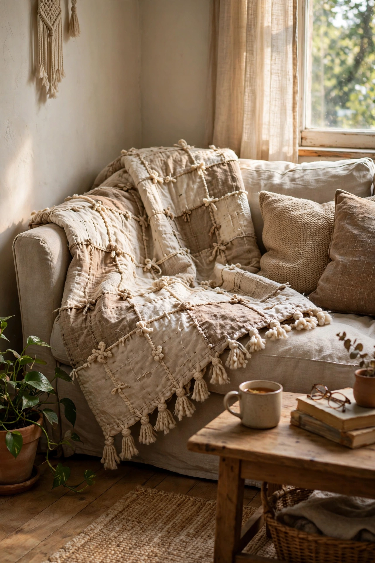 Hand-tied quilt-look throw with yarn knots on a sofa