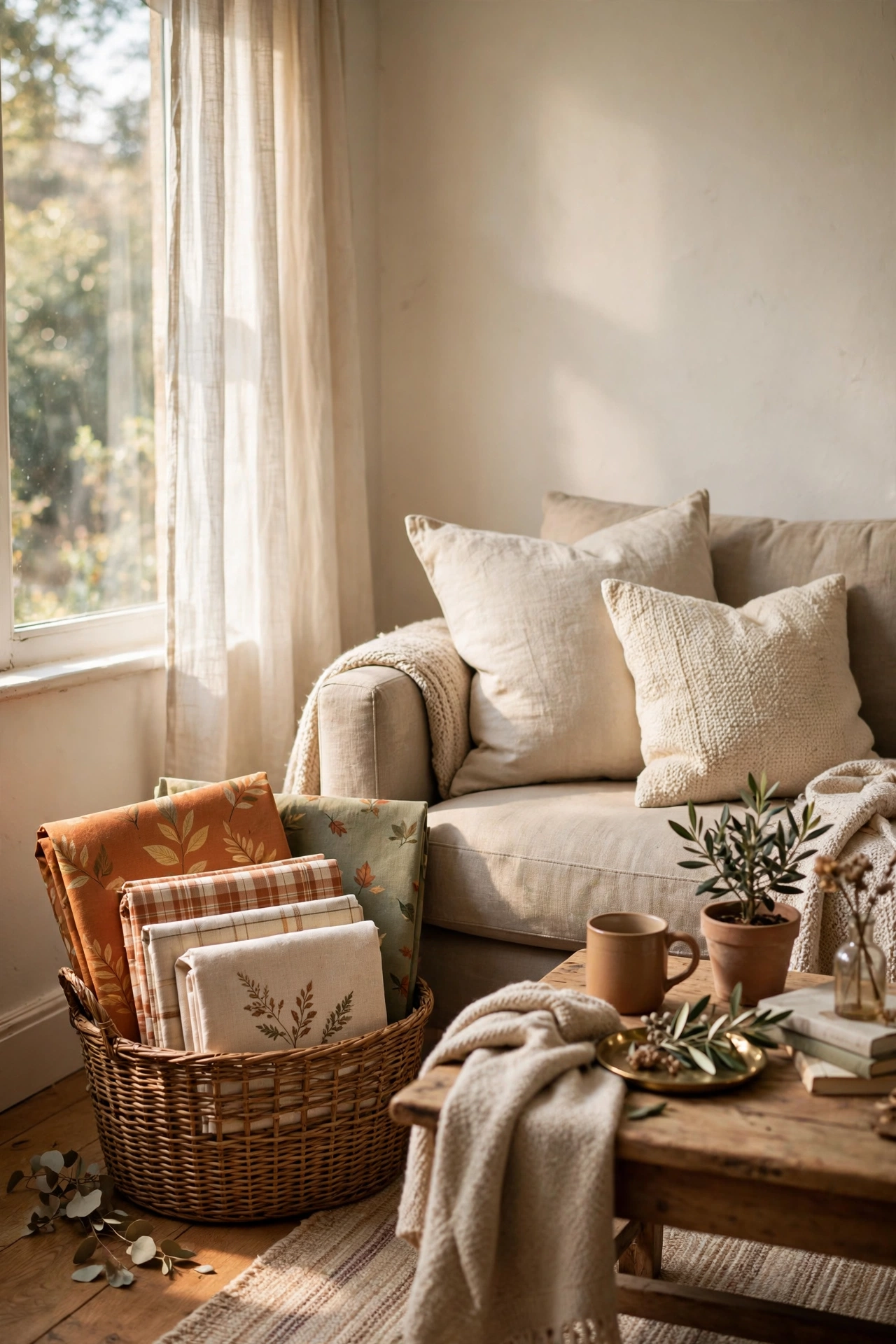 Basket of folded seasonal envelope pillow covers beside a sofa